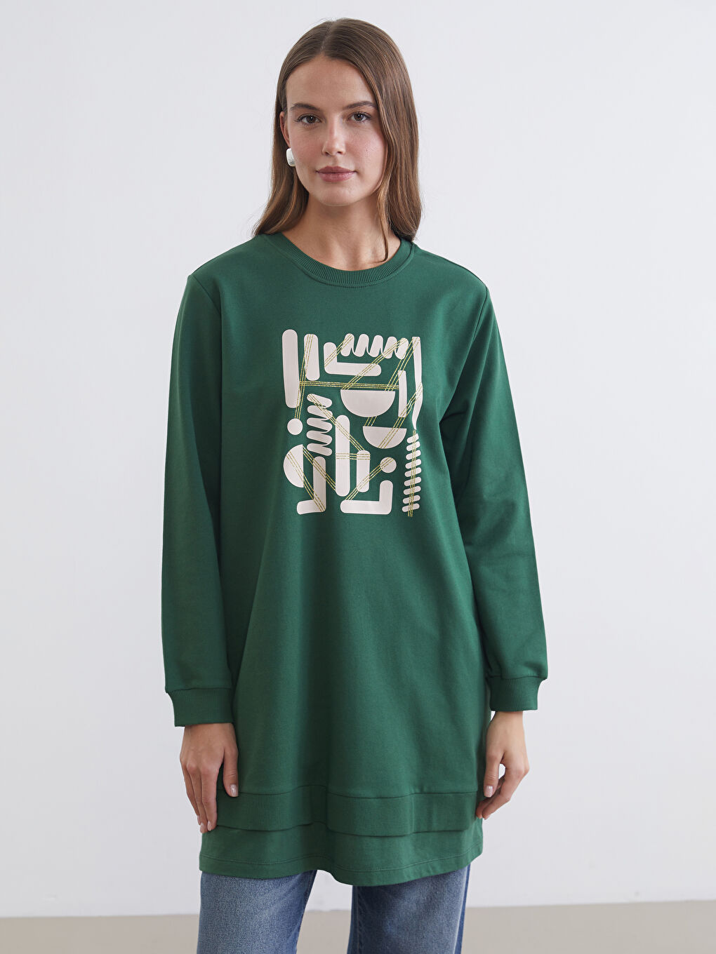 تونيك سويتشيرت مطبوع بياقة دائرية للسيدات-1