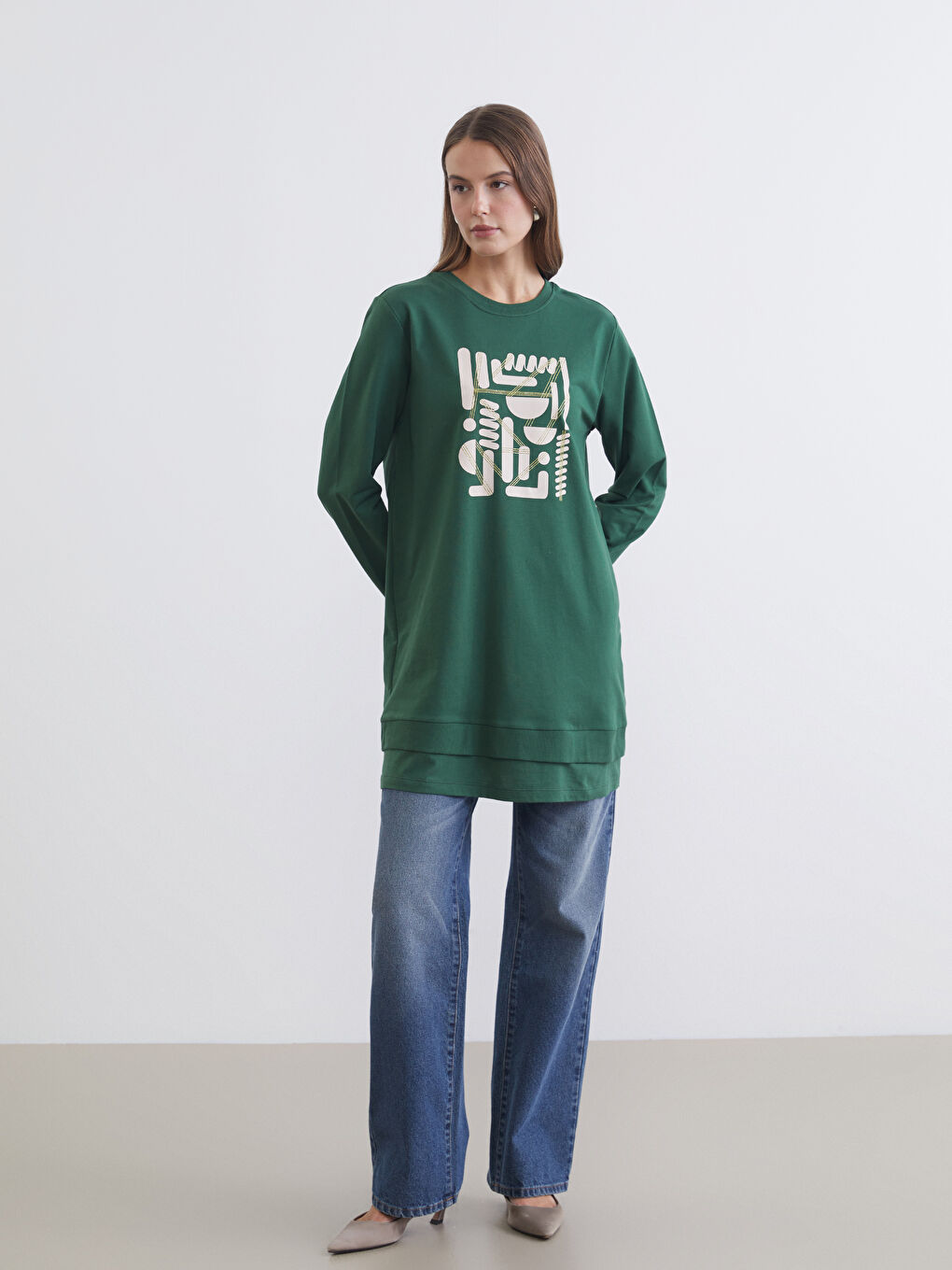 تونيك سويتشيرت مطبوع بياقة دائرية للسيدات-2