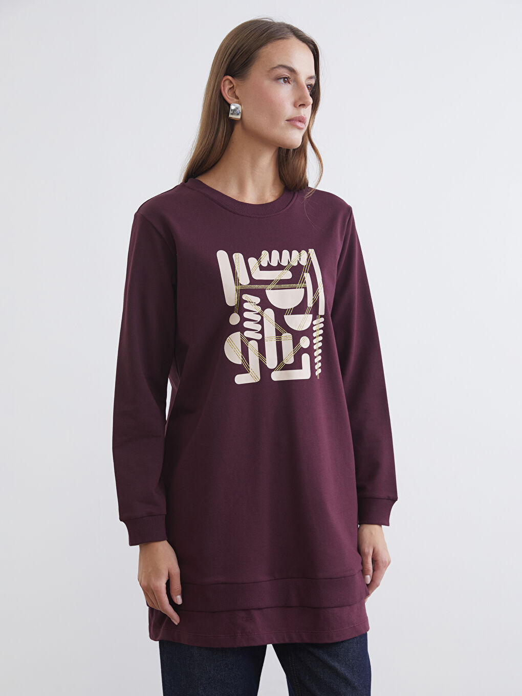 Crew Neck Printed Women's Sweatshirt Tunic