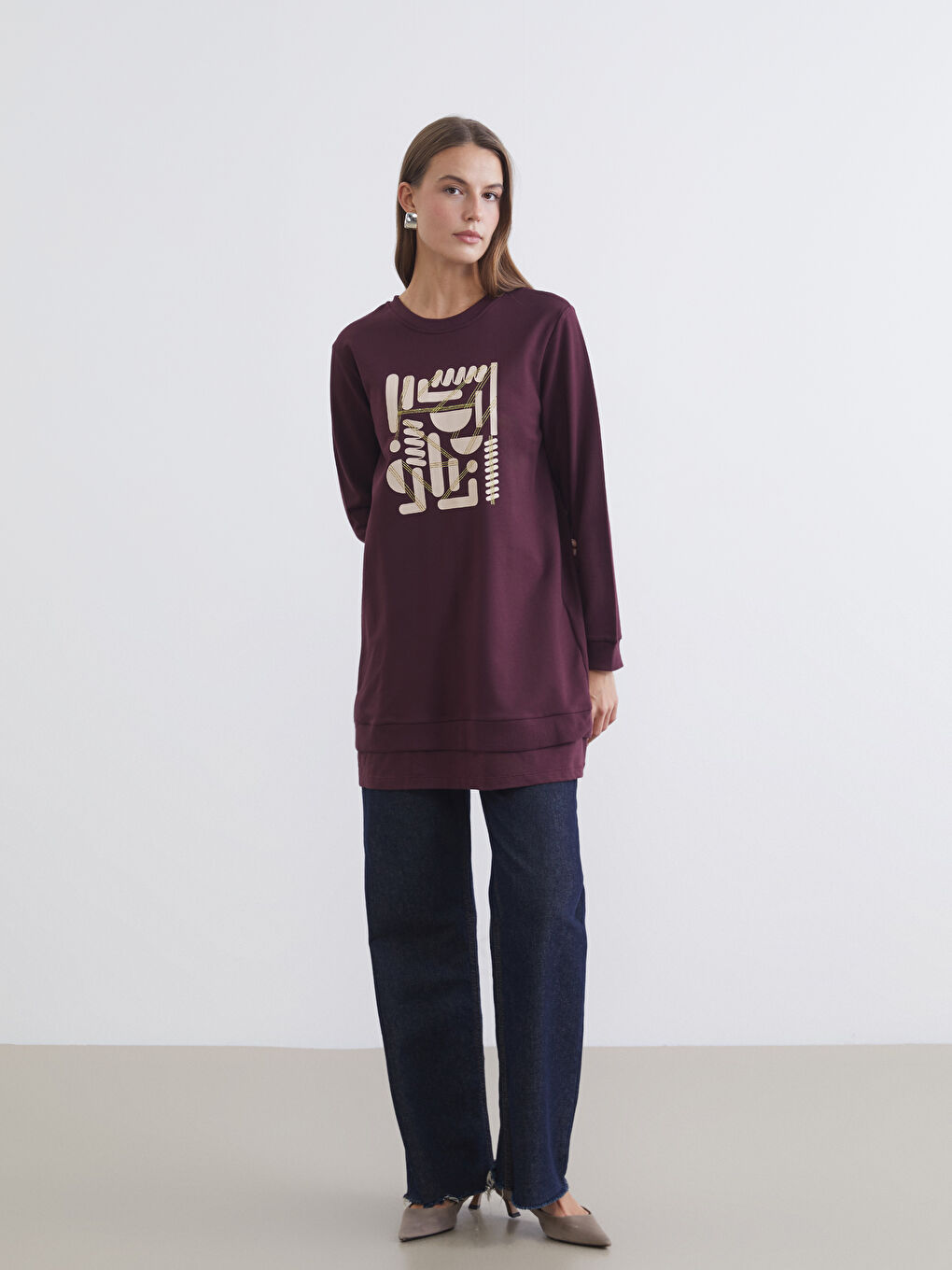 Crew Neck Printed Women's Sweatshirt Tunic-1