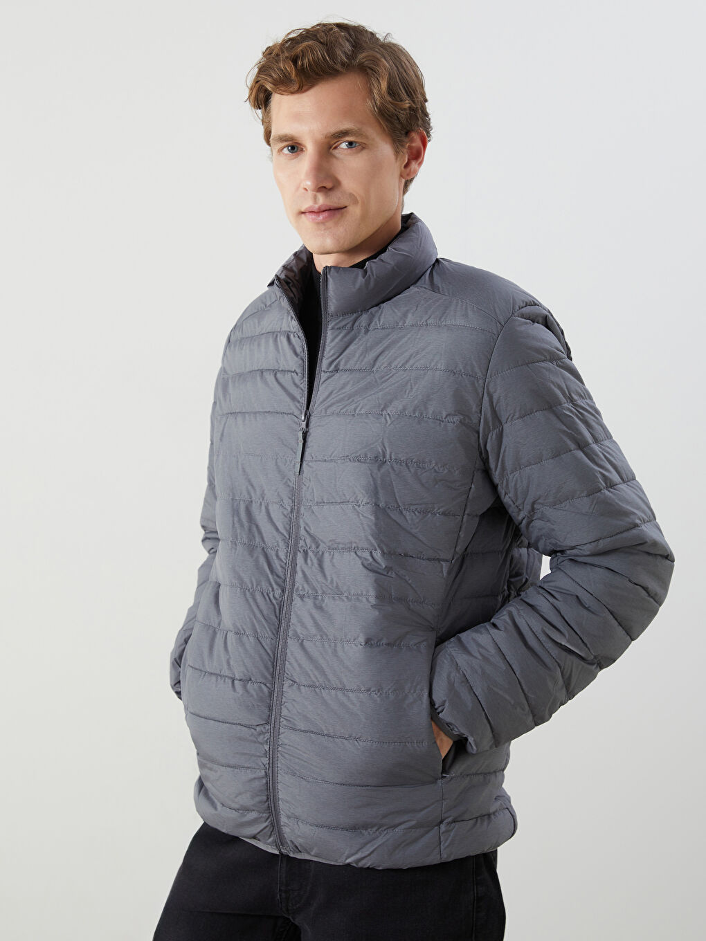 Antrasit Standart Kalıp Dik Yaka Erkek Şişme Mont