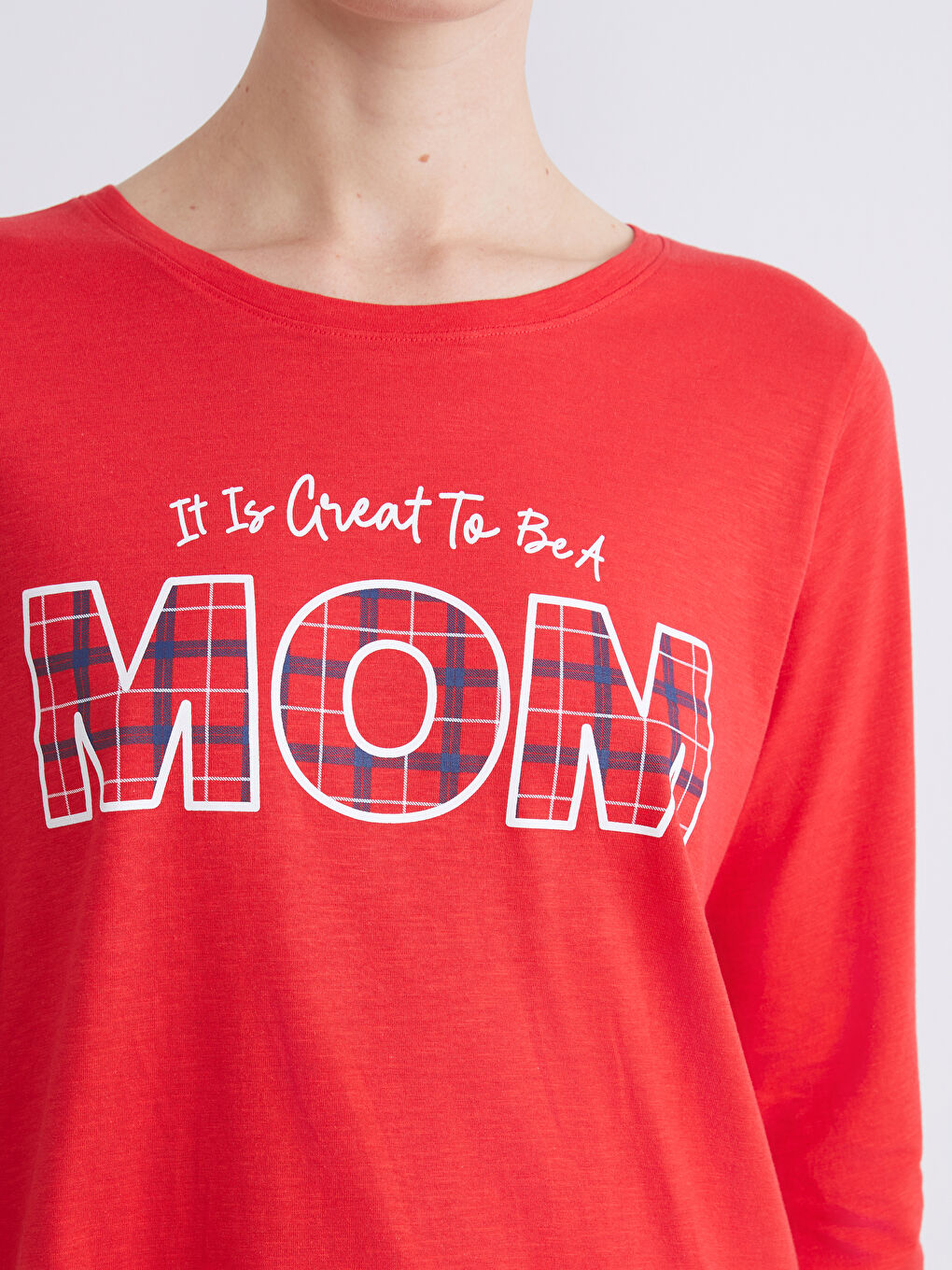 Kırmızı Bisiklet Yaka Baskılı Kadın Pijama Üstü-1