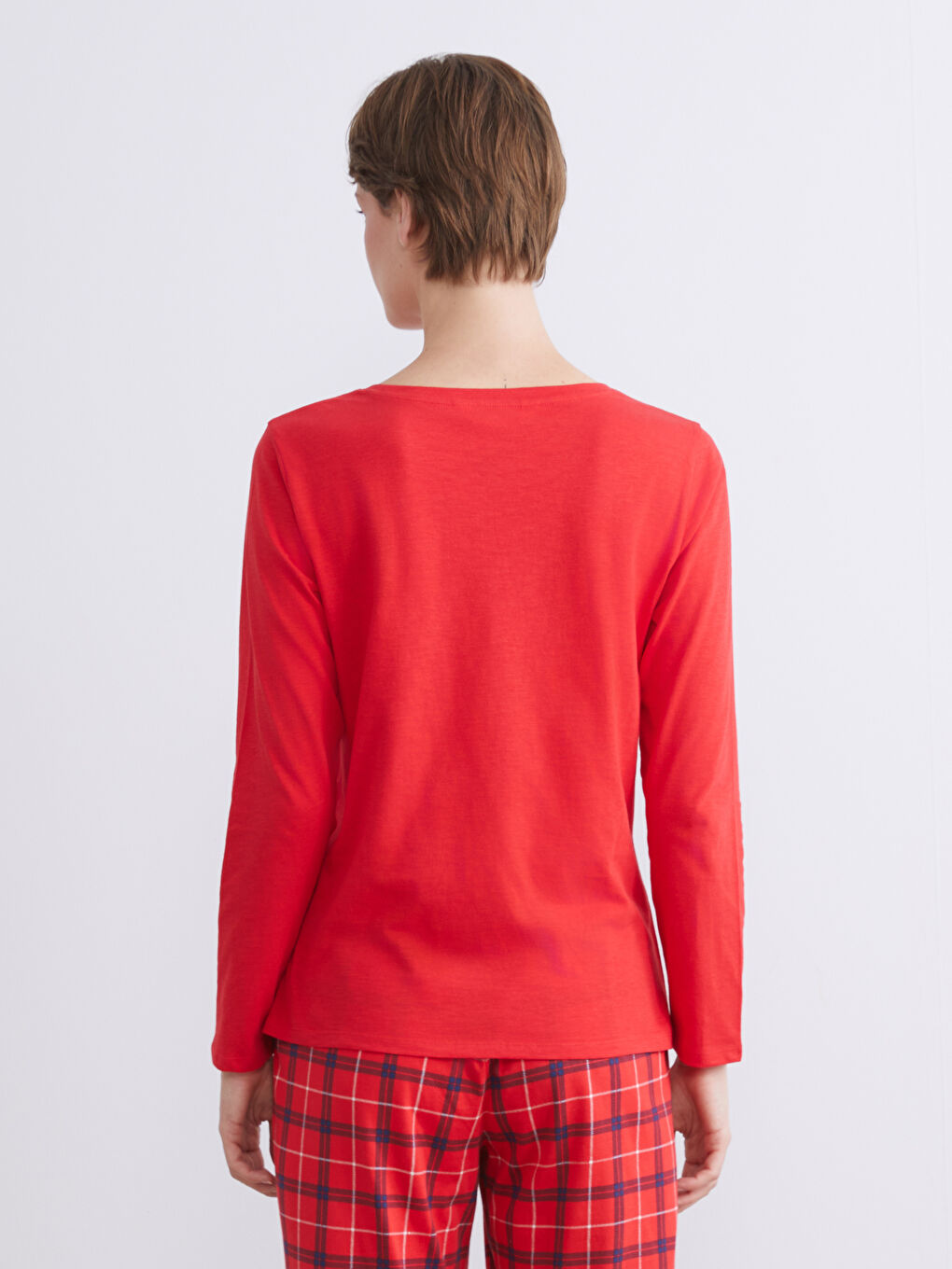 Kırmızı Bisiklet Yaka Baskılı Kadın Pijama Üstü-2