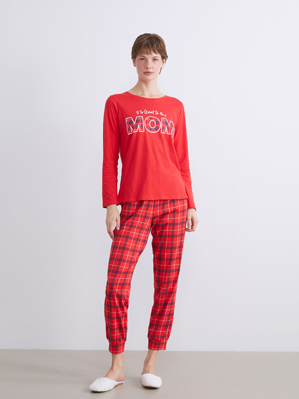 Kırmızı Beli Lastikli Ekose Kadın Jogger Pijama Altı