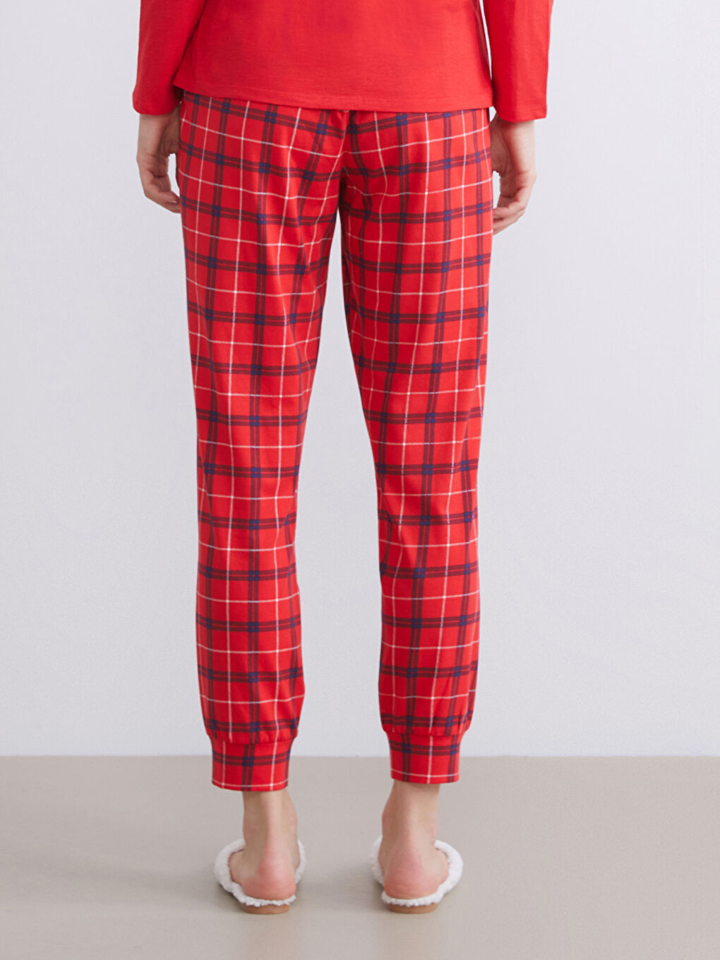 Kırmızı Beli Lastikli Ekose Kadın Jogger Pijama Altı-1