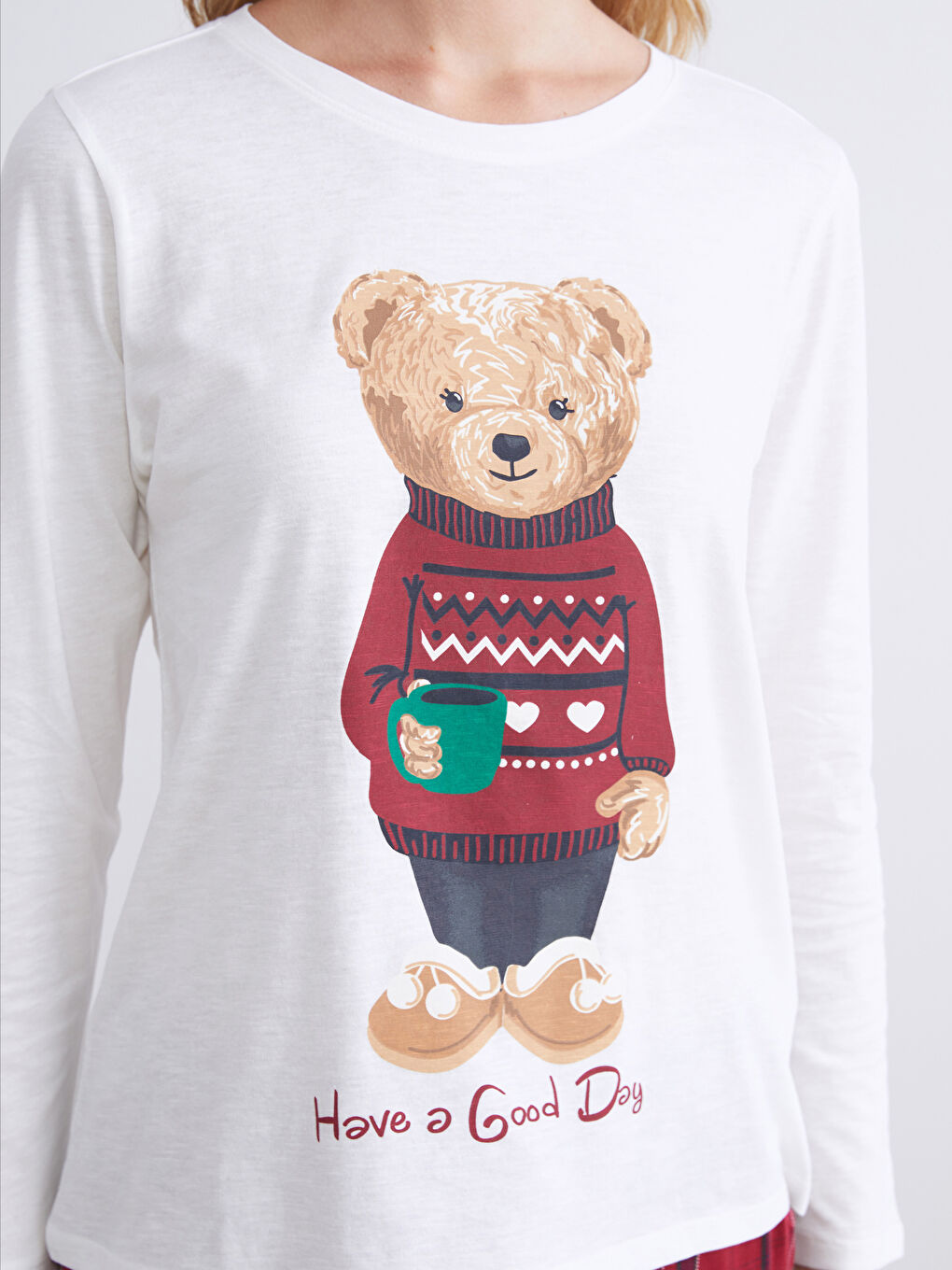 Ekru Bisiklet Yaka Ayı Teddy Baskılı Kadın Pijama Üstü-1