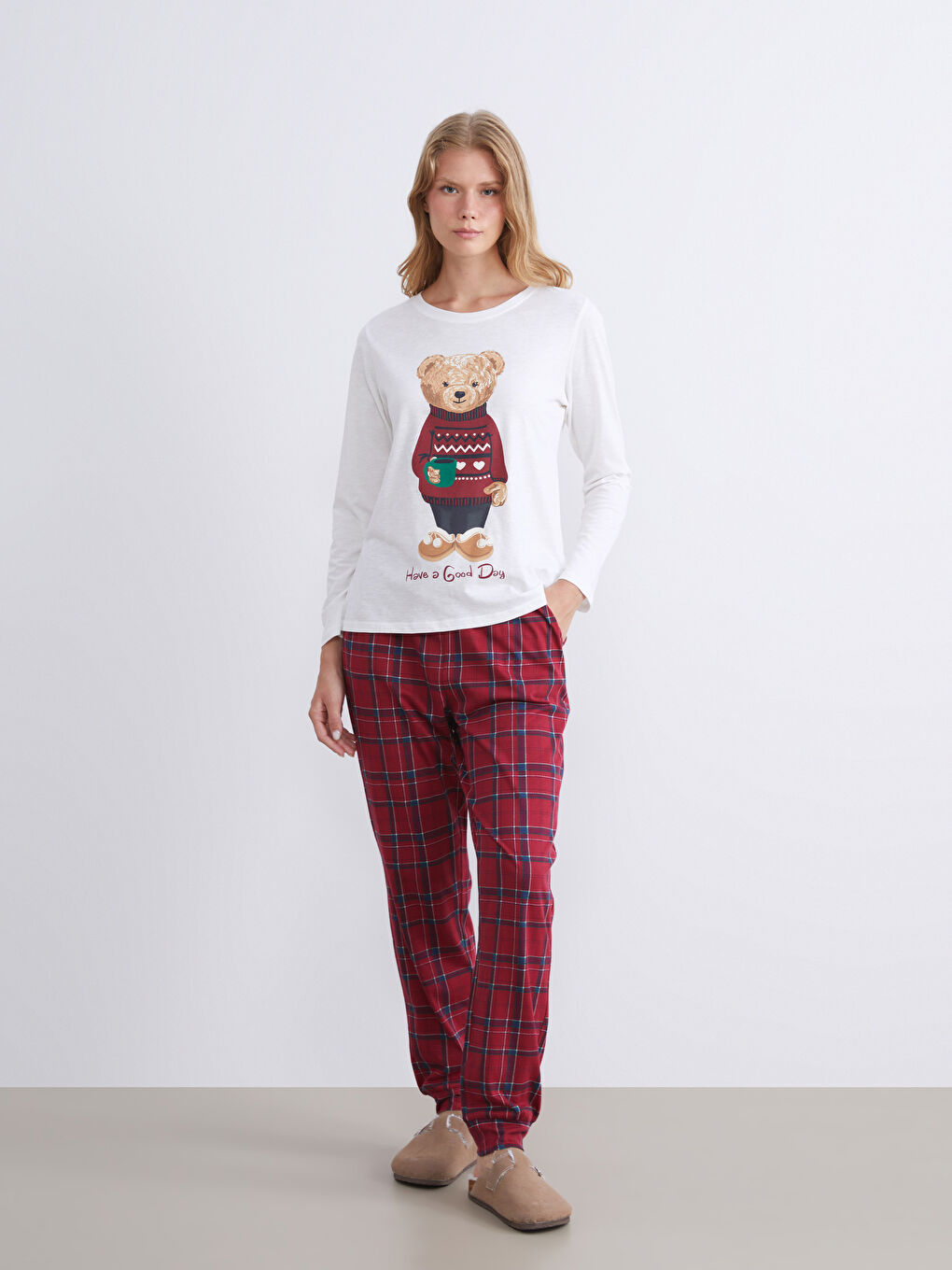 Bordo Beli Lastikli Ekose Kadın Jogger Pijama Altı