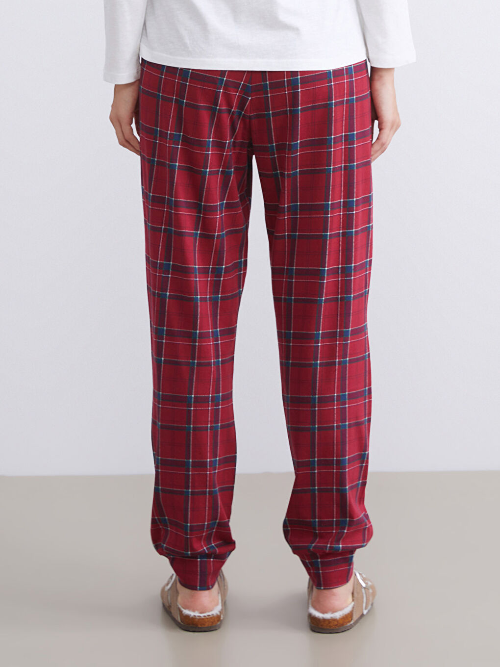 Bordo Beli Lastikli Ekose Kadın Jogger Pijama Altı-1