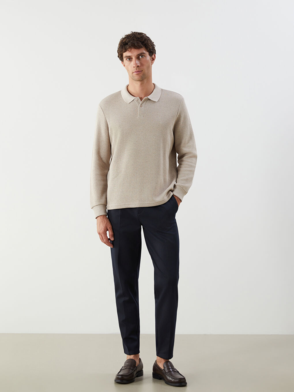 Bej Polo Yaka Erkek Triko Kazak-1