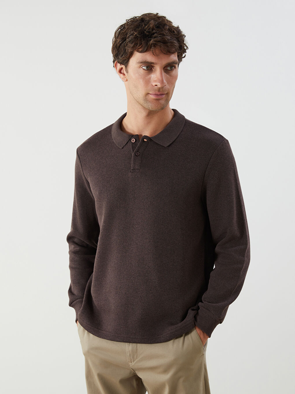 Kahverengi Polo Yaka Erkek Triko Kazak
