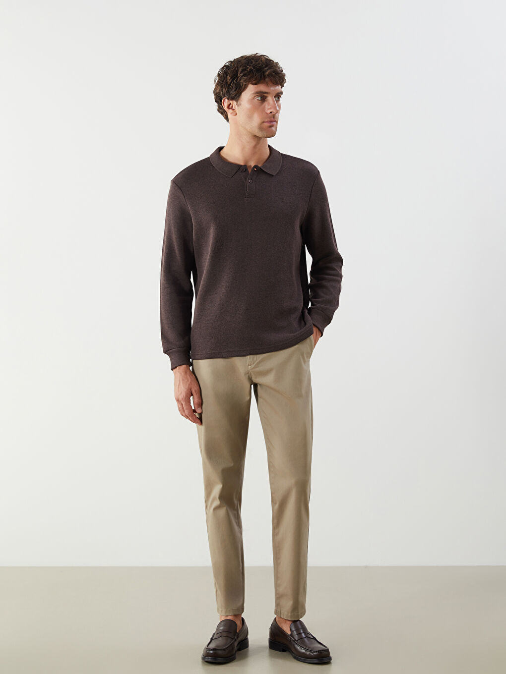 Kahverengi Polo Yaka Erkek Triko Kazak-1