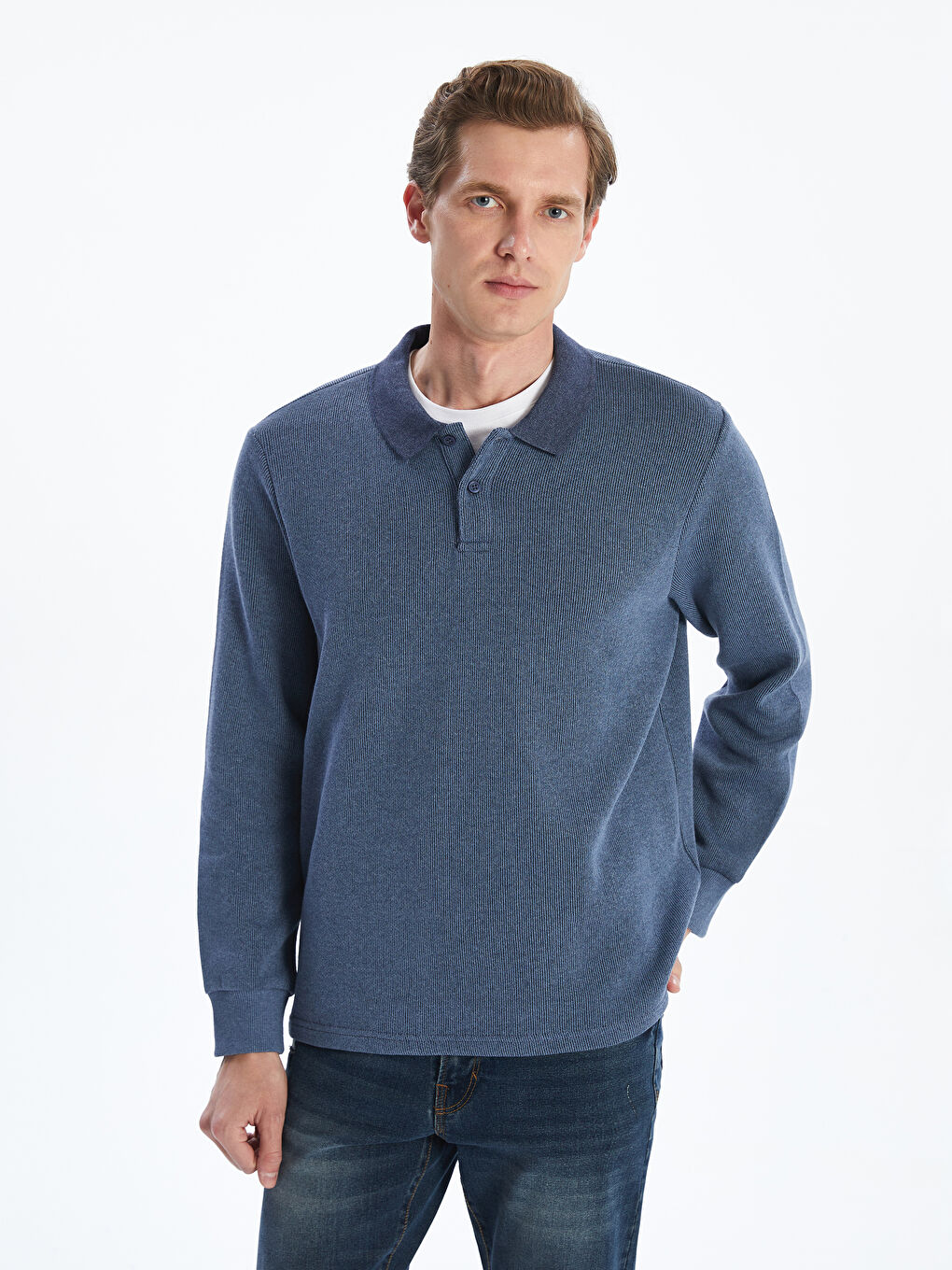 Mavi Polo Yaka Erkek Triko Kazak