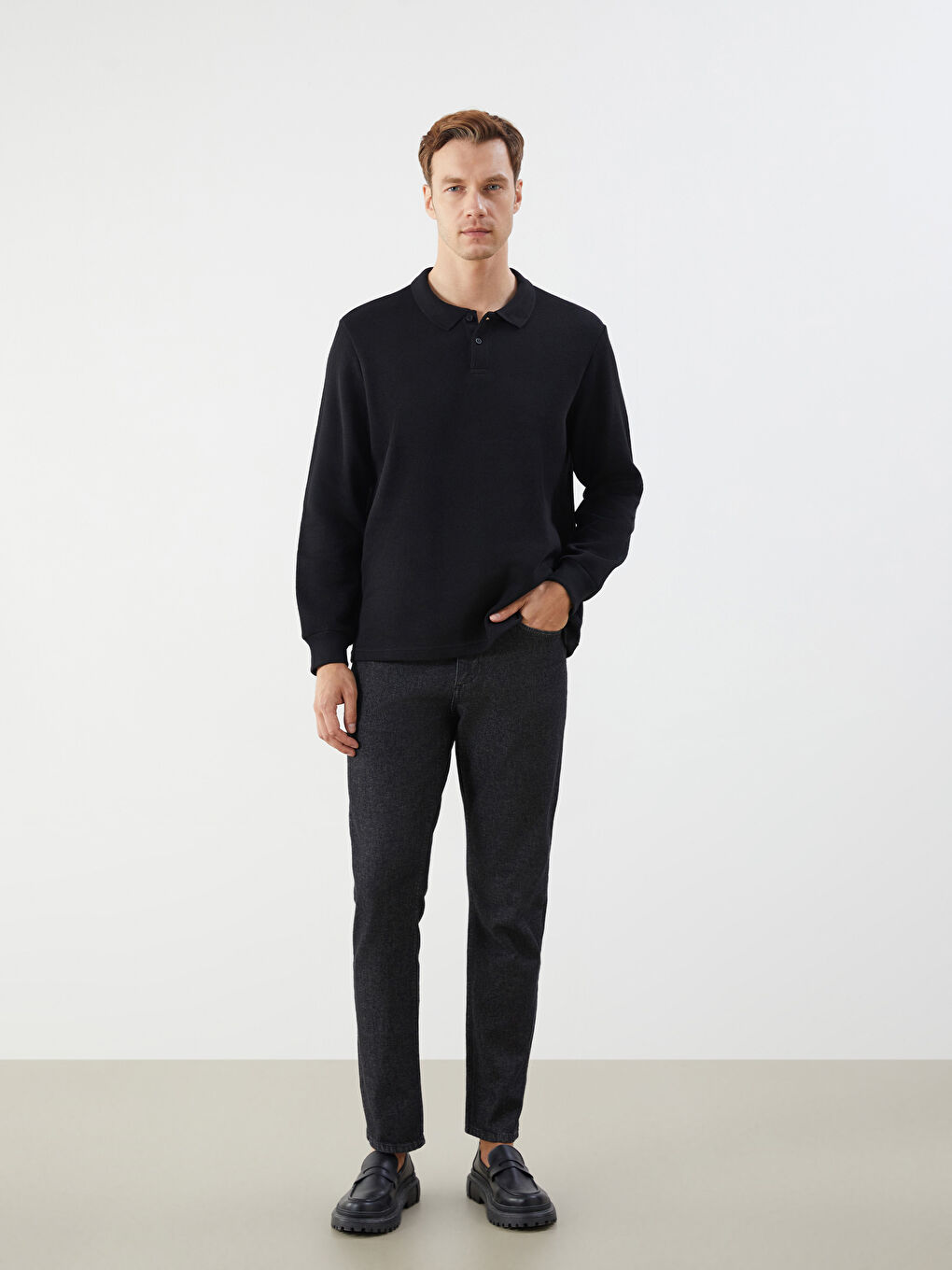 Siyah Polo Yaka Erkek Triko Kazak-1