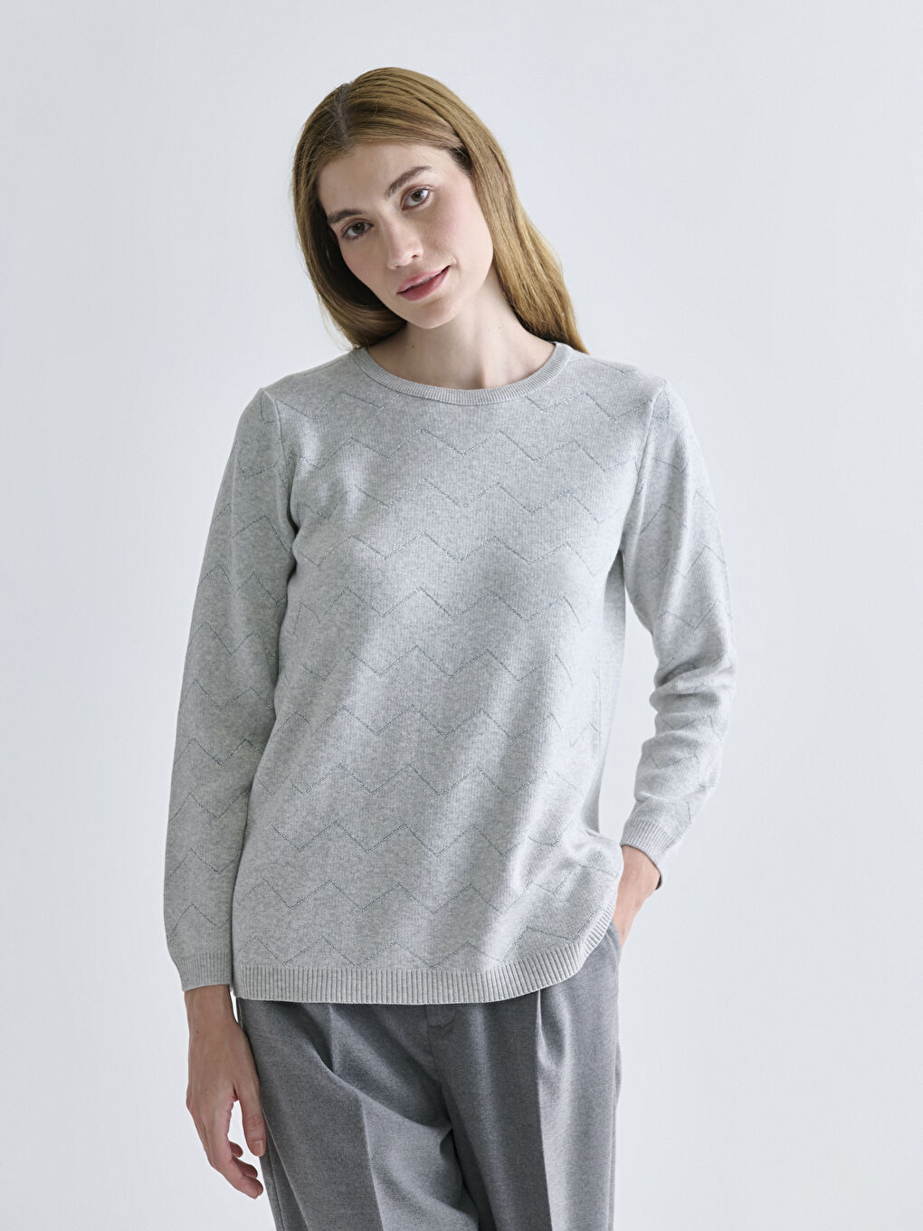 Crew Neck Self-Patterned Women's Knitwear Sweater