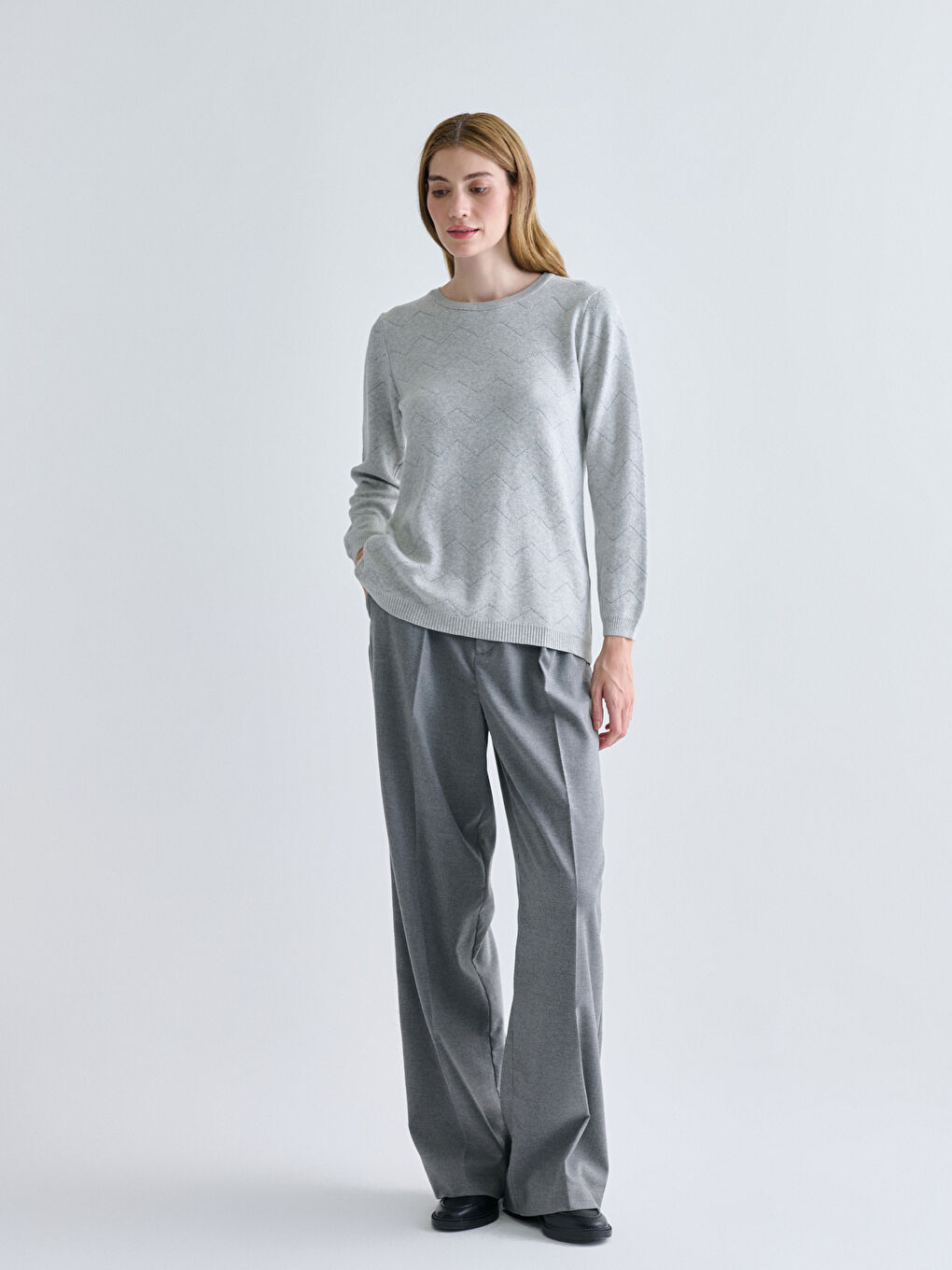 Crew Neck Self-Patterned Women's Knitwear Sweater-1