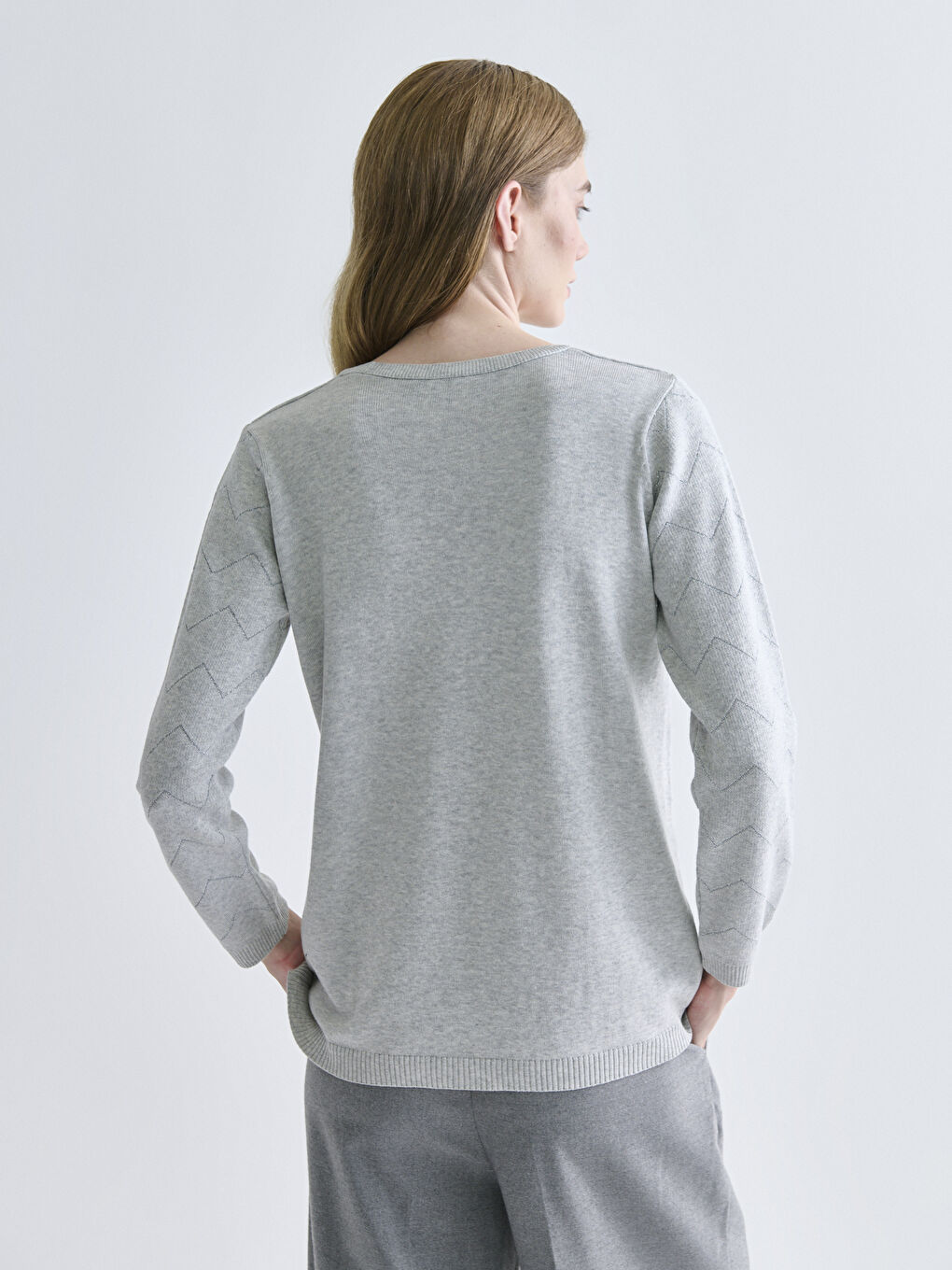 Crew Neck Self-Patterned Women's Knitwear Sweater-3