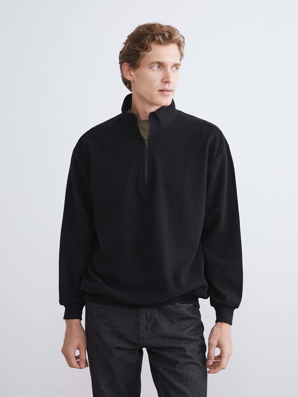 Siyah Dik Yaka Polar Erkek Sweatshirt