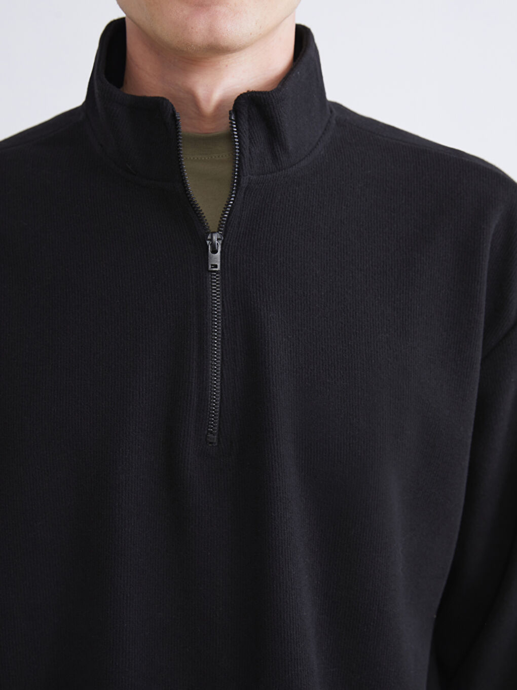 Siyah Dik Yaka Polar Erkek Sweatshirt-2