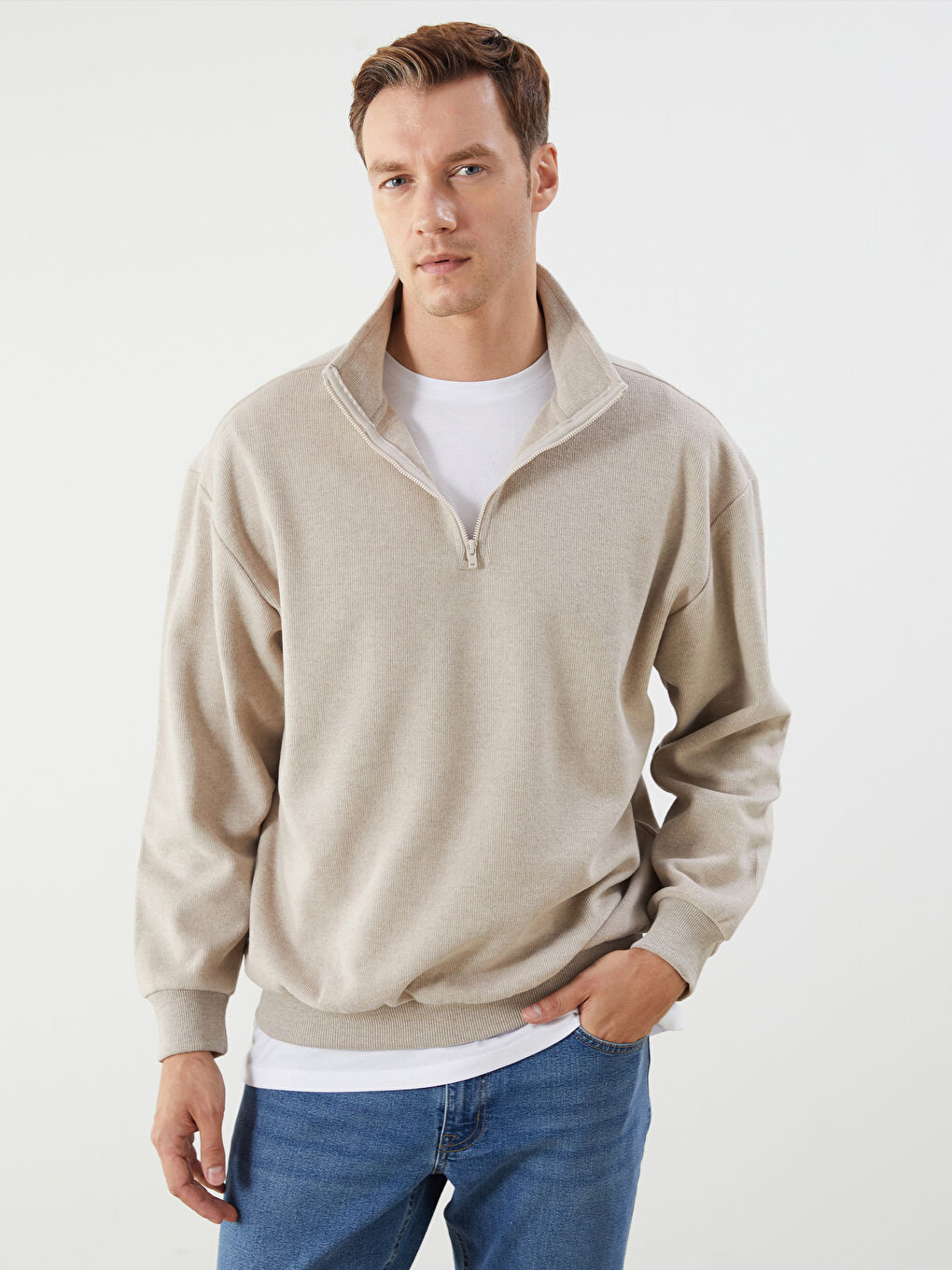 Bej Dik Yaka Polar Erkek Sweatshirt