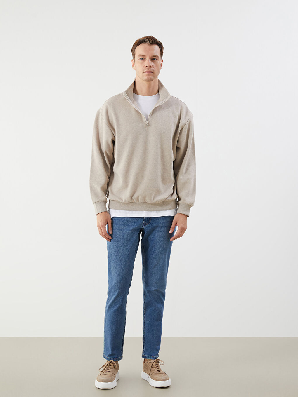 Bej Dik Yaka Polar Erkek Sweatshirt-1