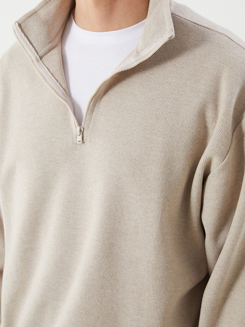 Bej Dik Yaka Polar Erkek Sweatshirt-2