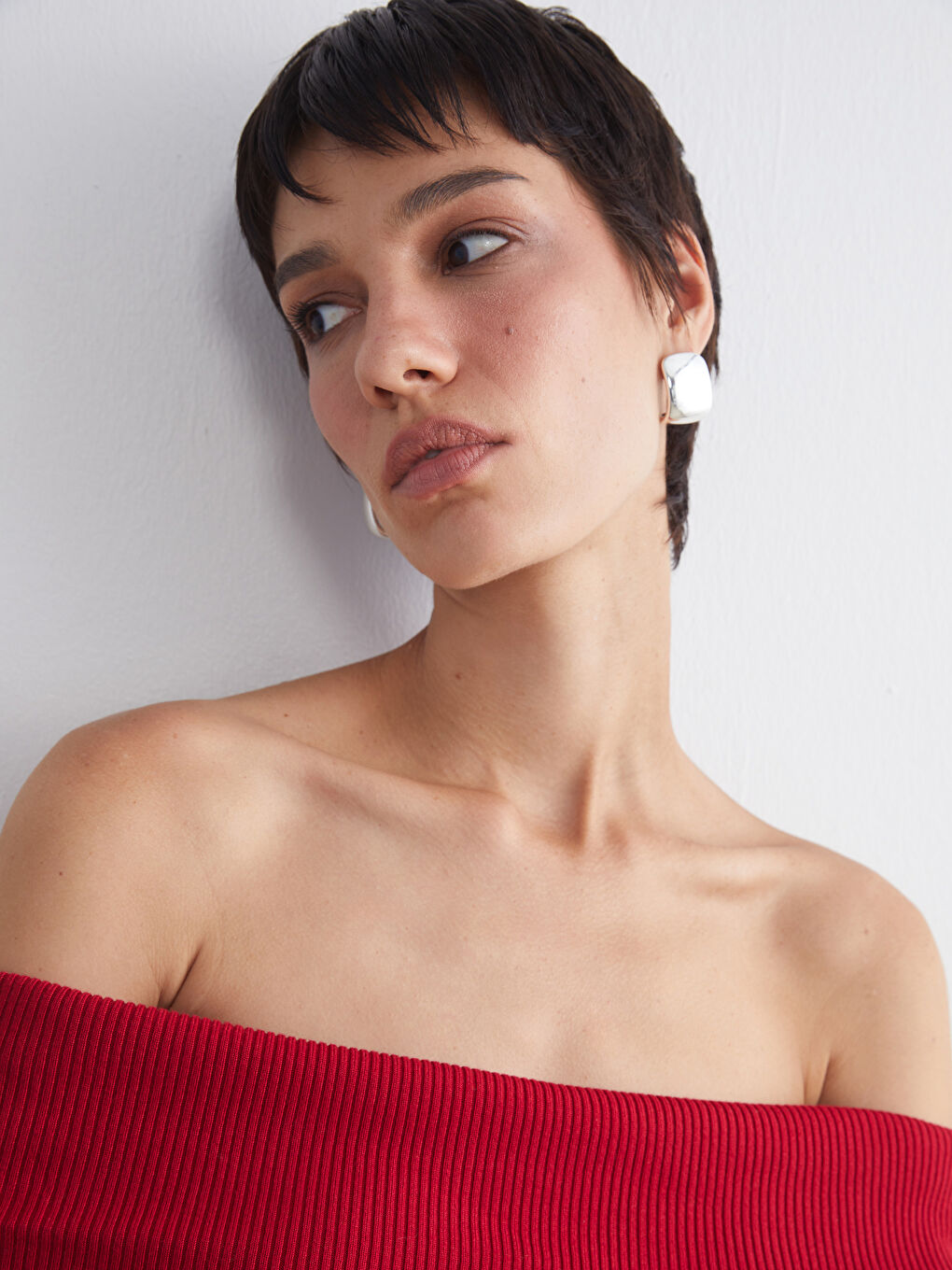 Kırmızı Kayık Yaka Kadın Triko Kazak-2