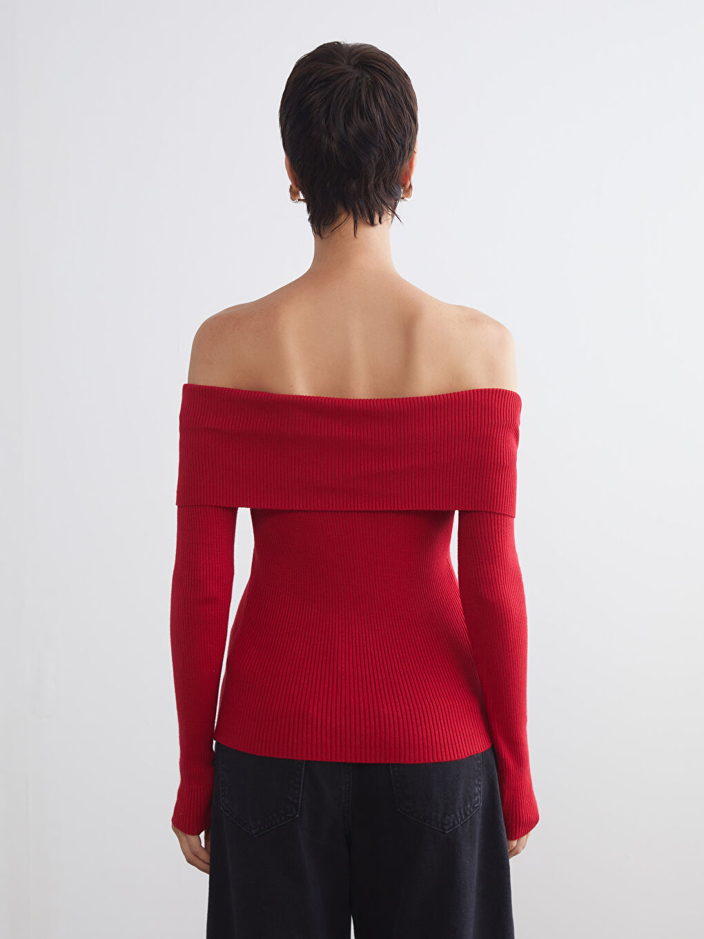 Kırmızı Kayık Yaka Kadın Triko Kazak-3