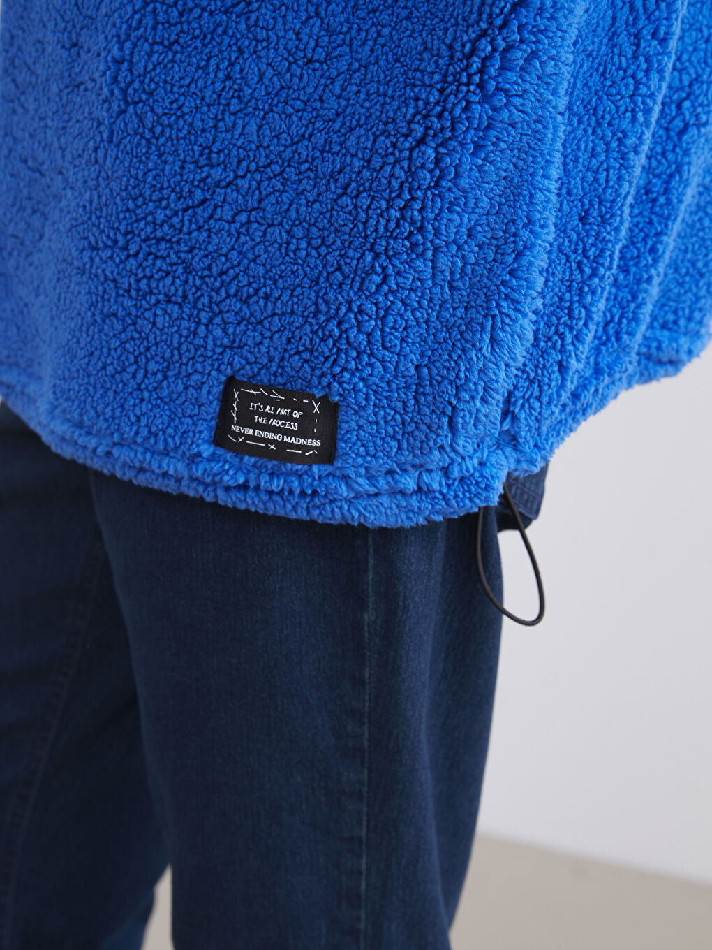 Mavi Dik Yaka Uzun Kollu Pelüş Erkek Sweatshirt-2