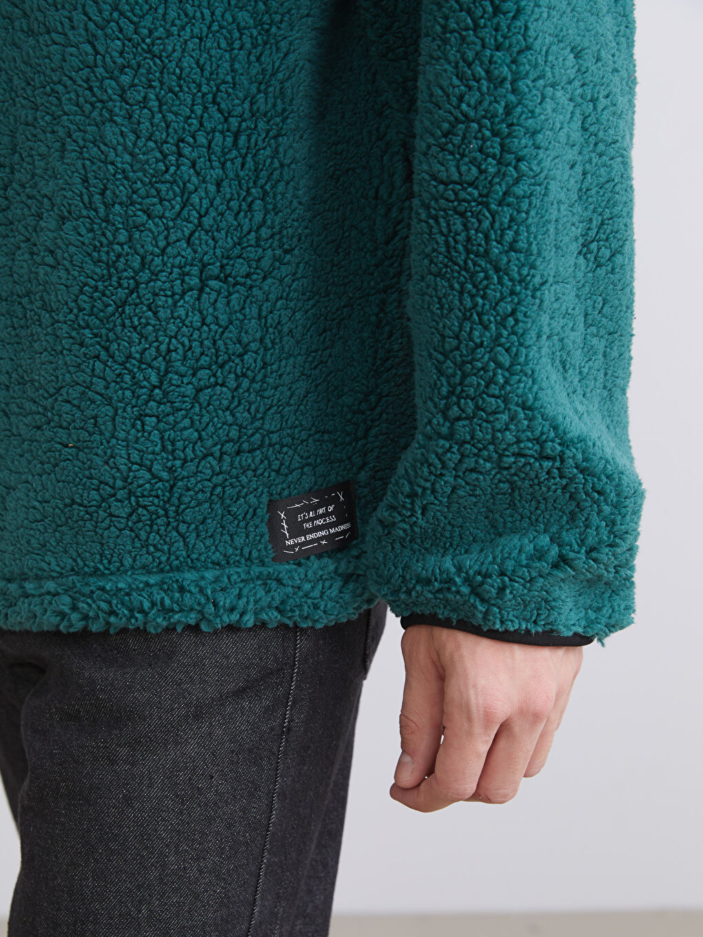 Yeşil Dik Yaka Uzun Kollu Pelüş Erkek Sweatshirt-2