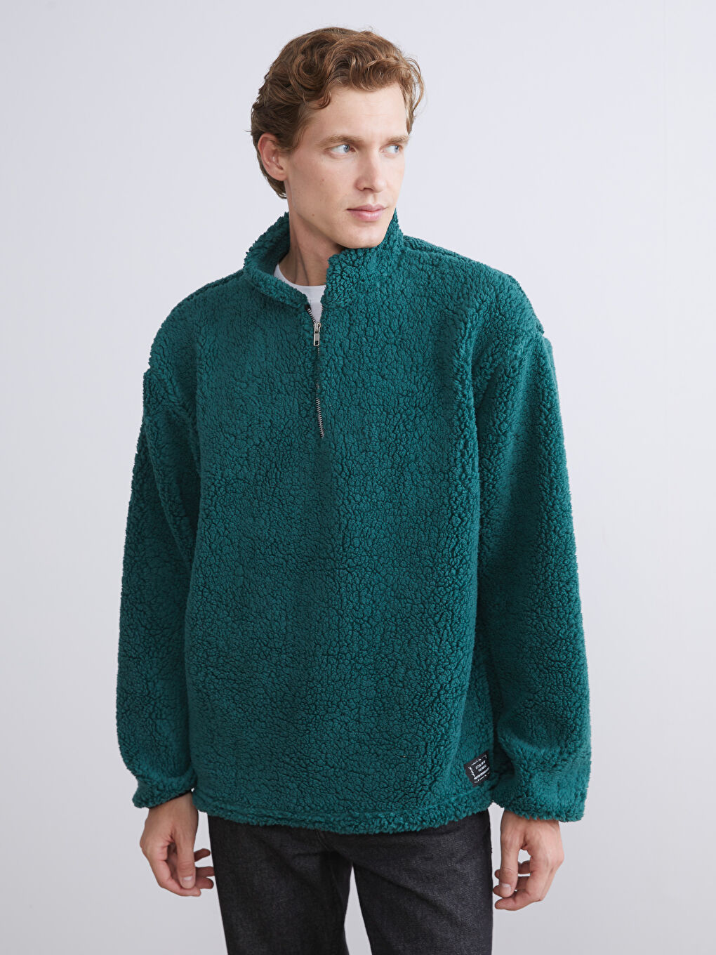 Yeşil Dik Yaka Uzun Kollu Pelüş Erkek Sweatshirt