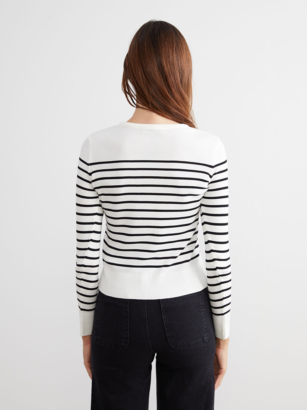 Ekru Bisiklet Yaka Çizgili Kadın Triko Hırka-3