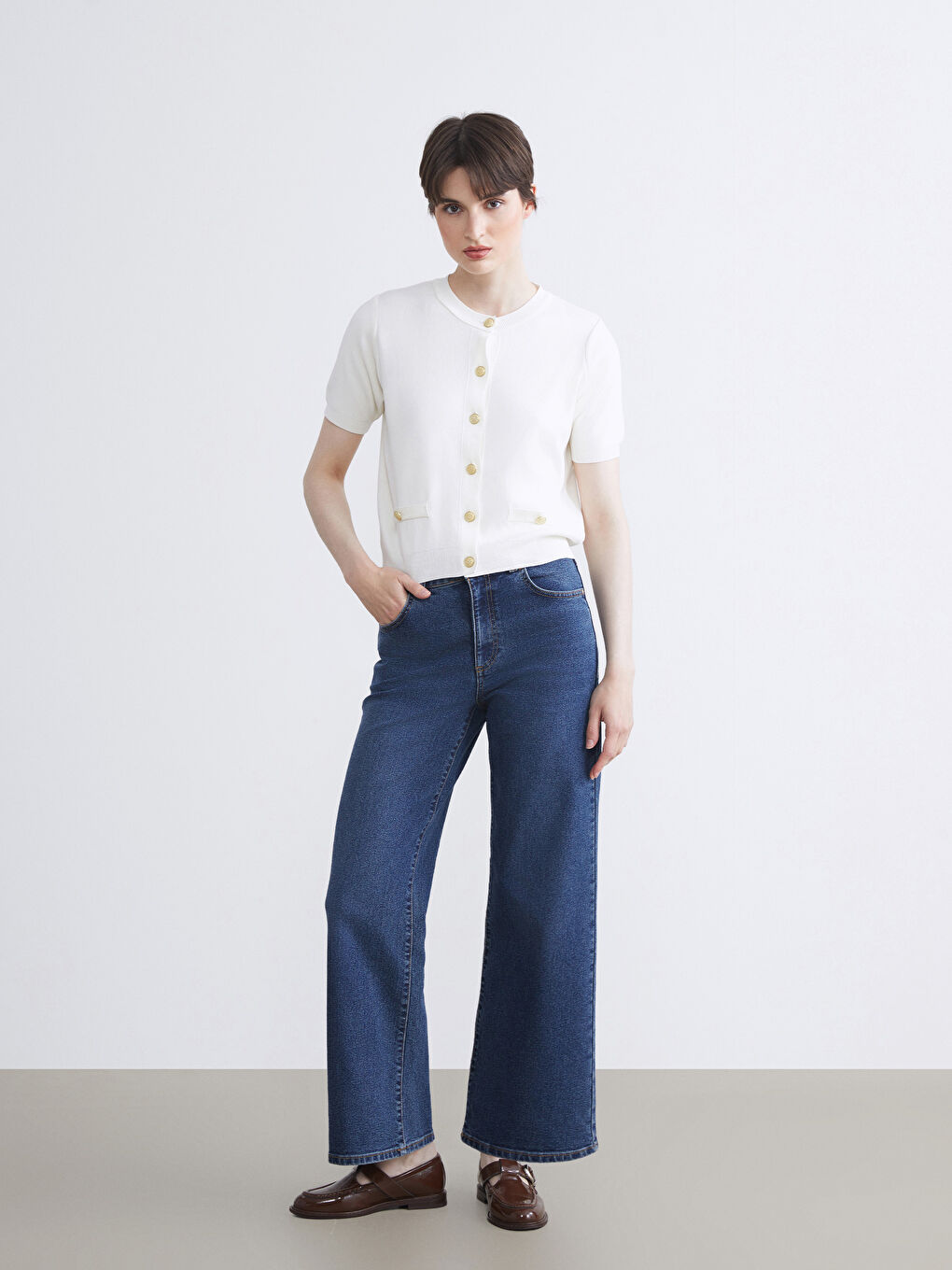 Ekru Bisiklet Yaka Kadın Triko Hırka-1