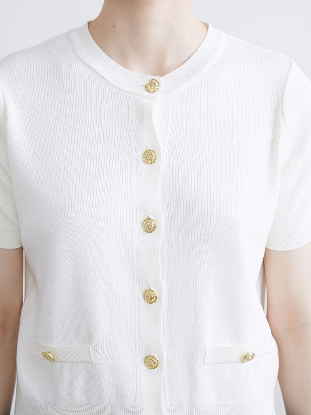 Ekru Bisiklet Yaka Kadın Triko Hırka-2