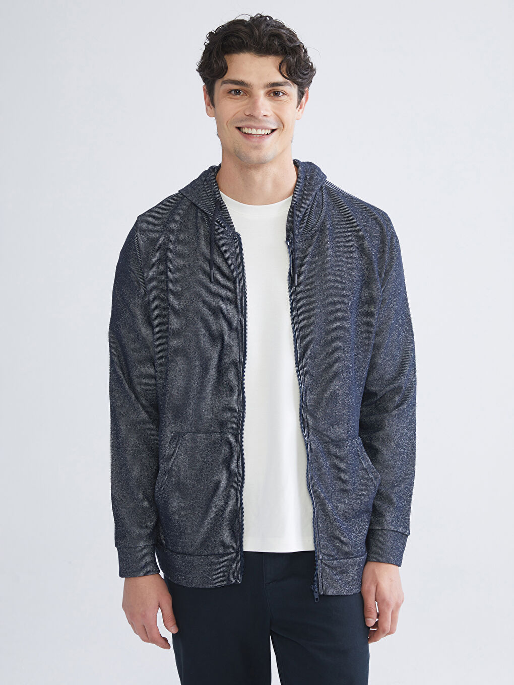 Lacivert Kapüşonlu Uzun Kollu Erkek Fermuarlı Sweatshirt