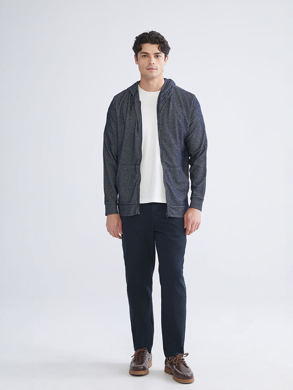 Lacivert Kapüşonlu Uzun Kollu Erkek Fermuarlı Sweatshirt-1