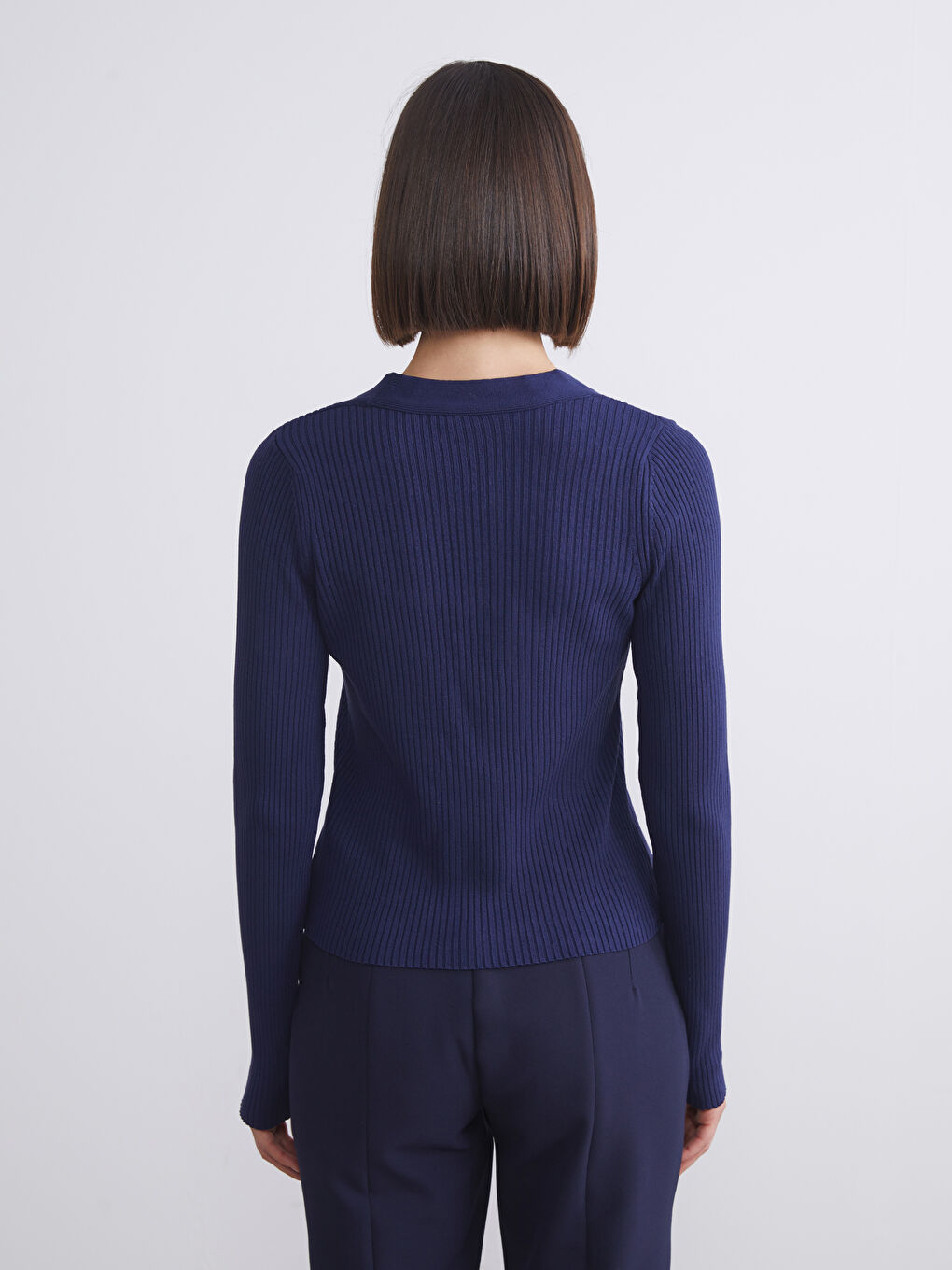 Lacivert V Yaka Kadın Triko Hırka-3