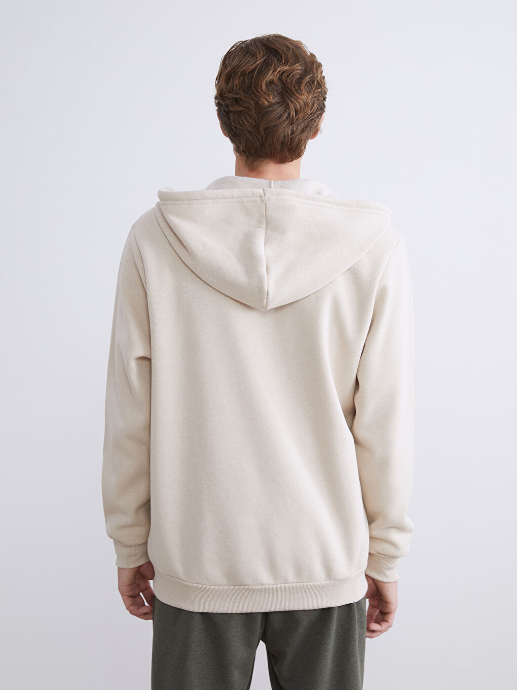 Bej Kapüşonlu Uzun Kollu Erkek Fermuarlı Sweatshirt-3