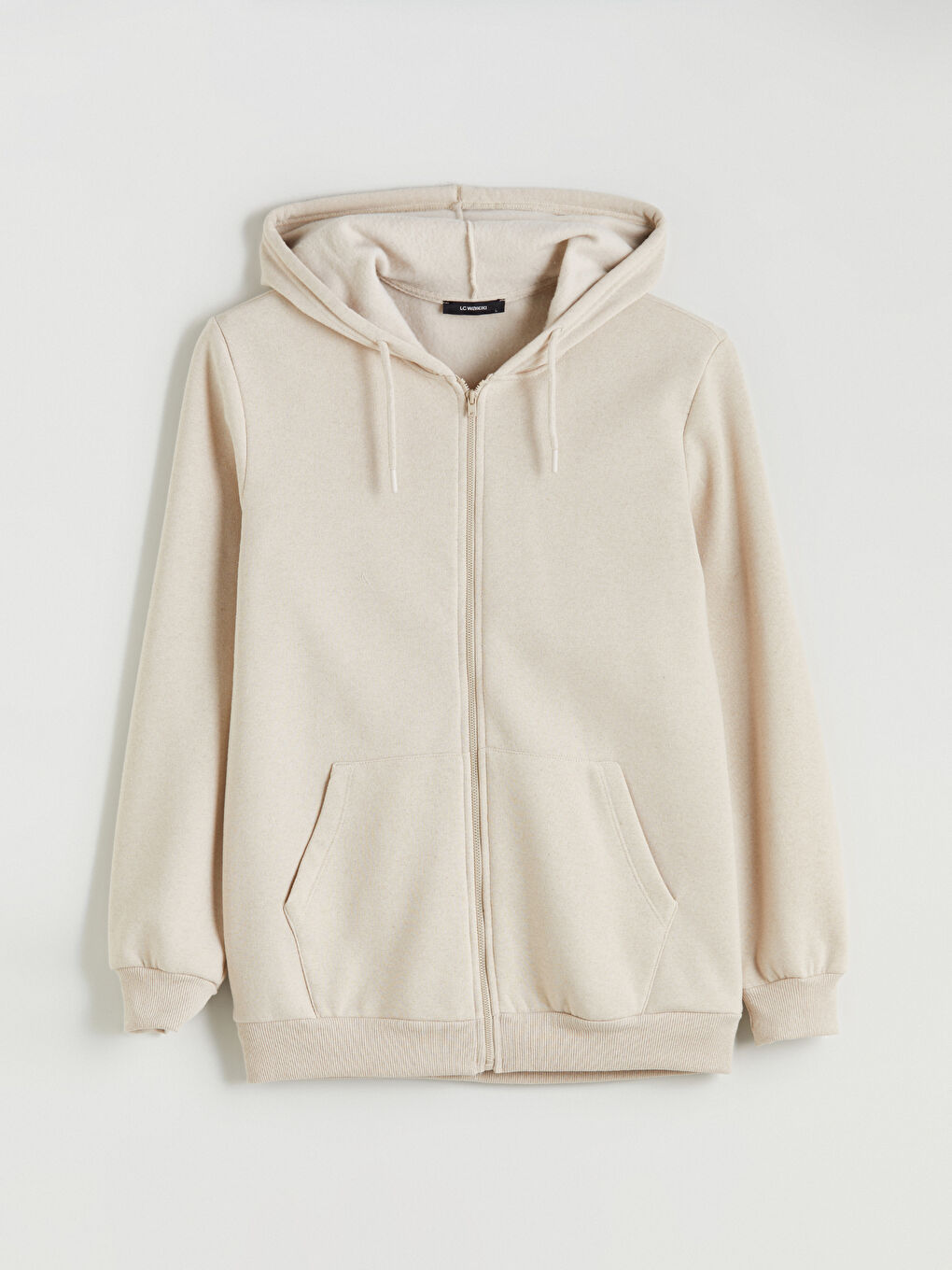 Bej Kapüşonlu Uzun Kollu Erkek Fermuarlı Sweatshirt-4