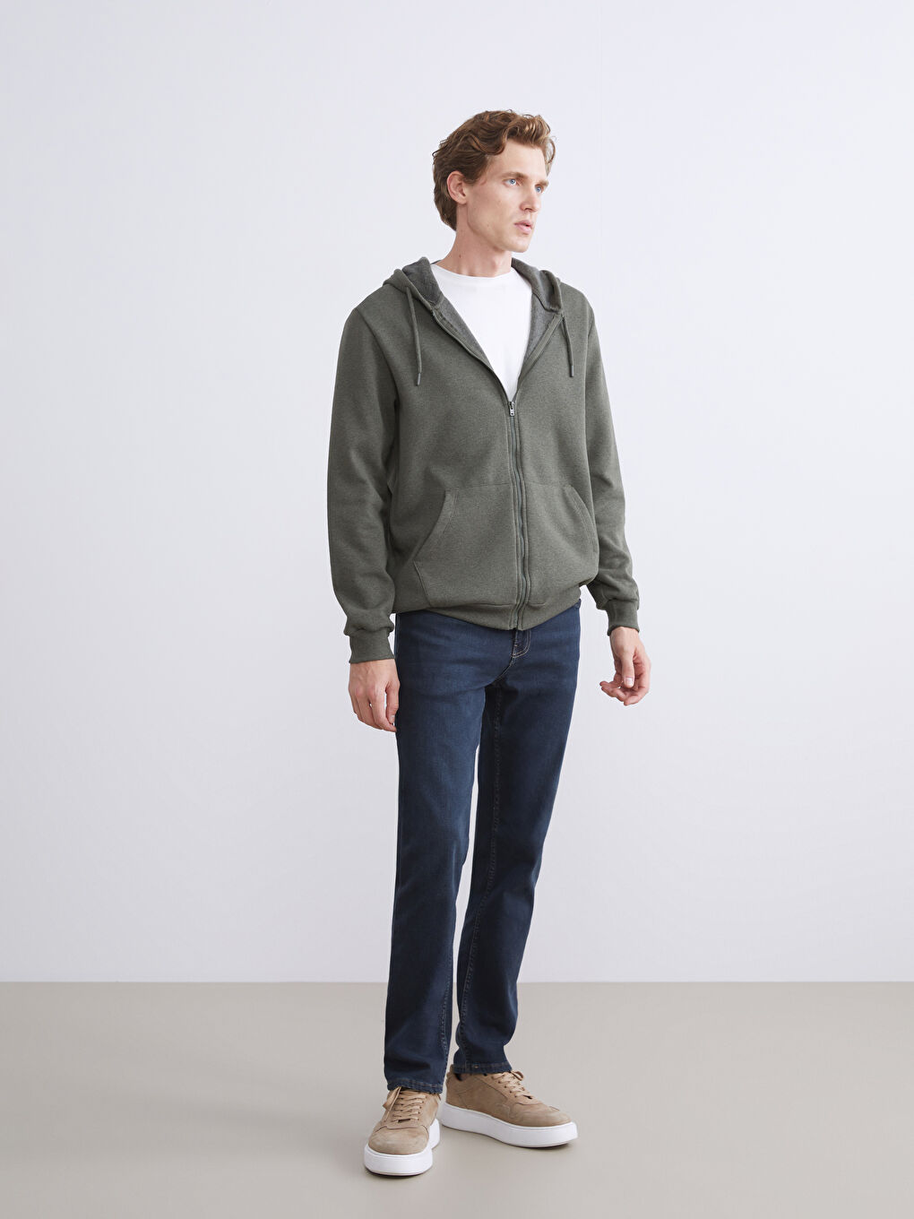 Haki Kapüşonlu Uzun Kollu Erkek Fermuarlı Sweatshirt-1