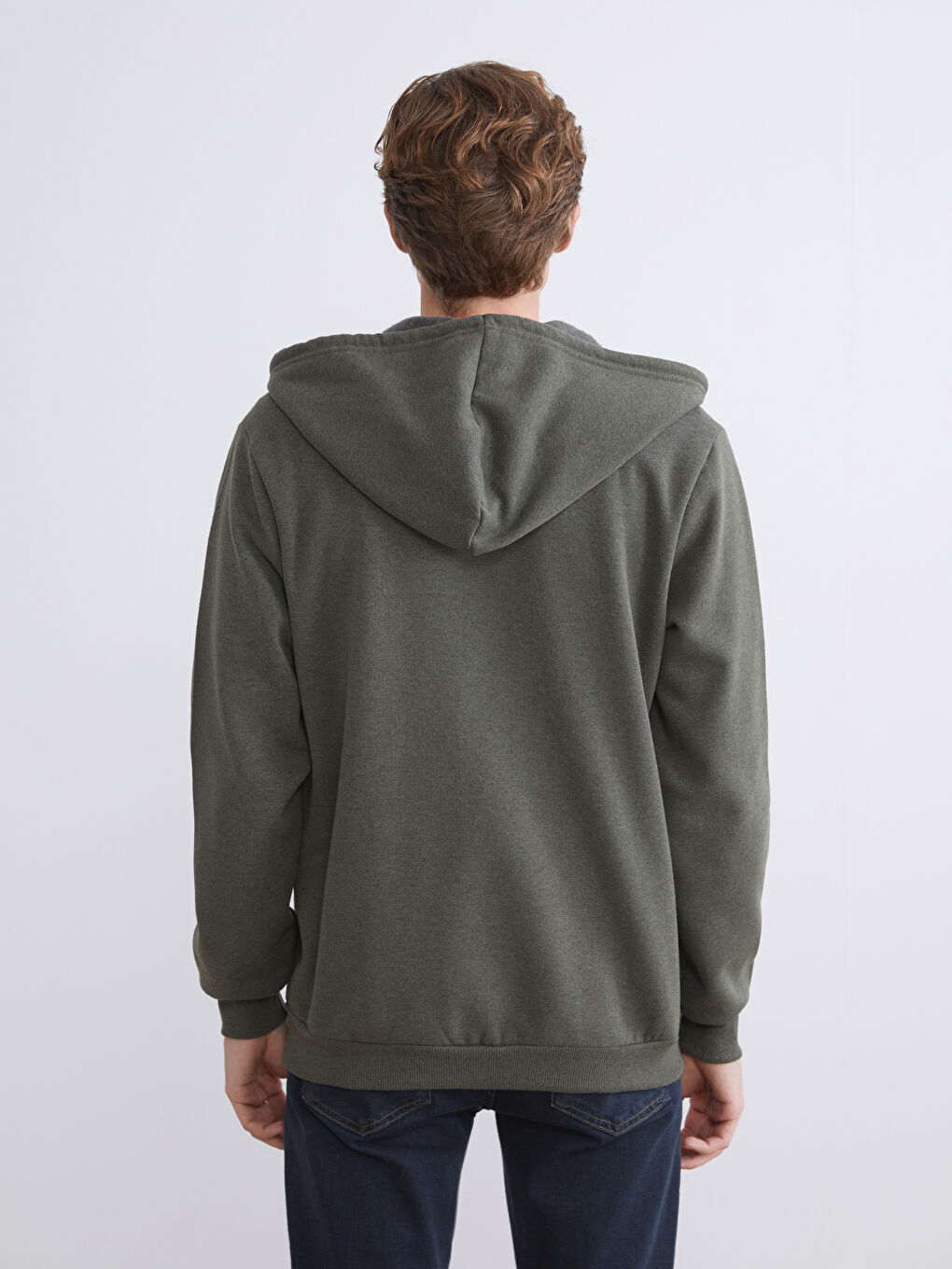 Haki Kapüşonlu Uzun Kollu Erkek Fermuarlı Sweatshirt-4