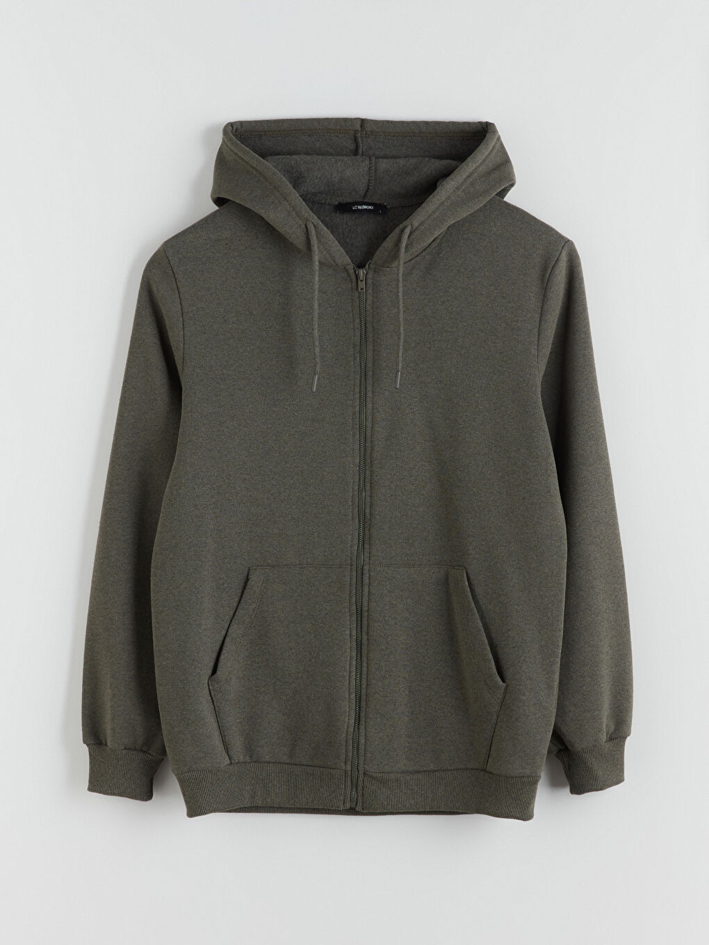 Haki Kapüşonlu Uzun Kollu Erkek Fermuarlı Sweatshirt-5