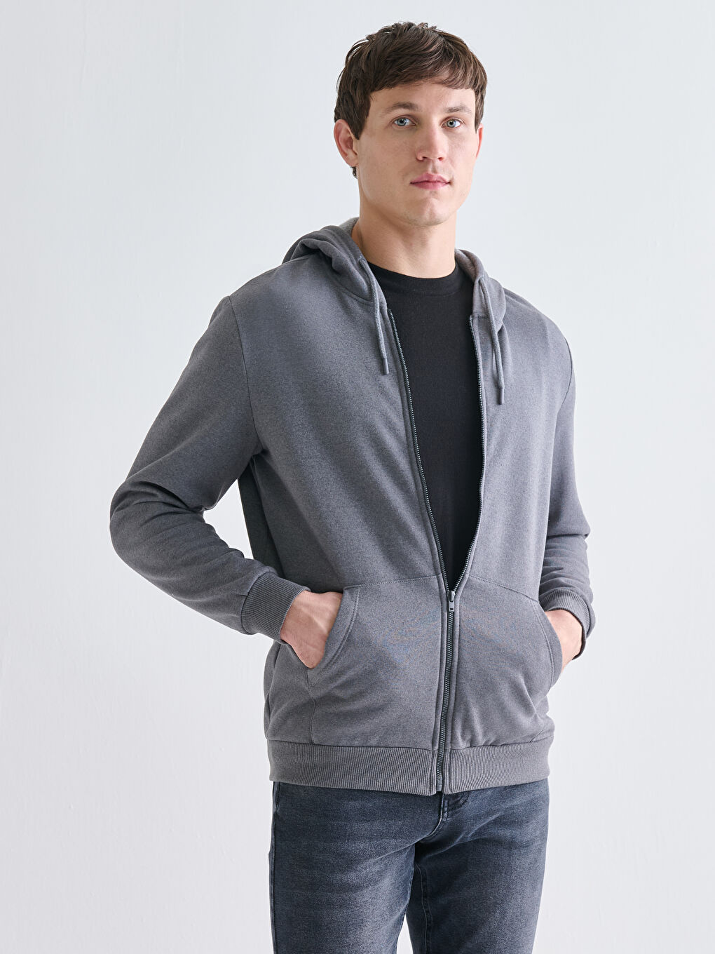 Antrasit Kapüşonlu Uzun Kollu Erkek Fermuarlı Sweatshirt