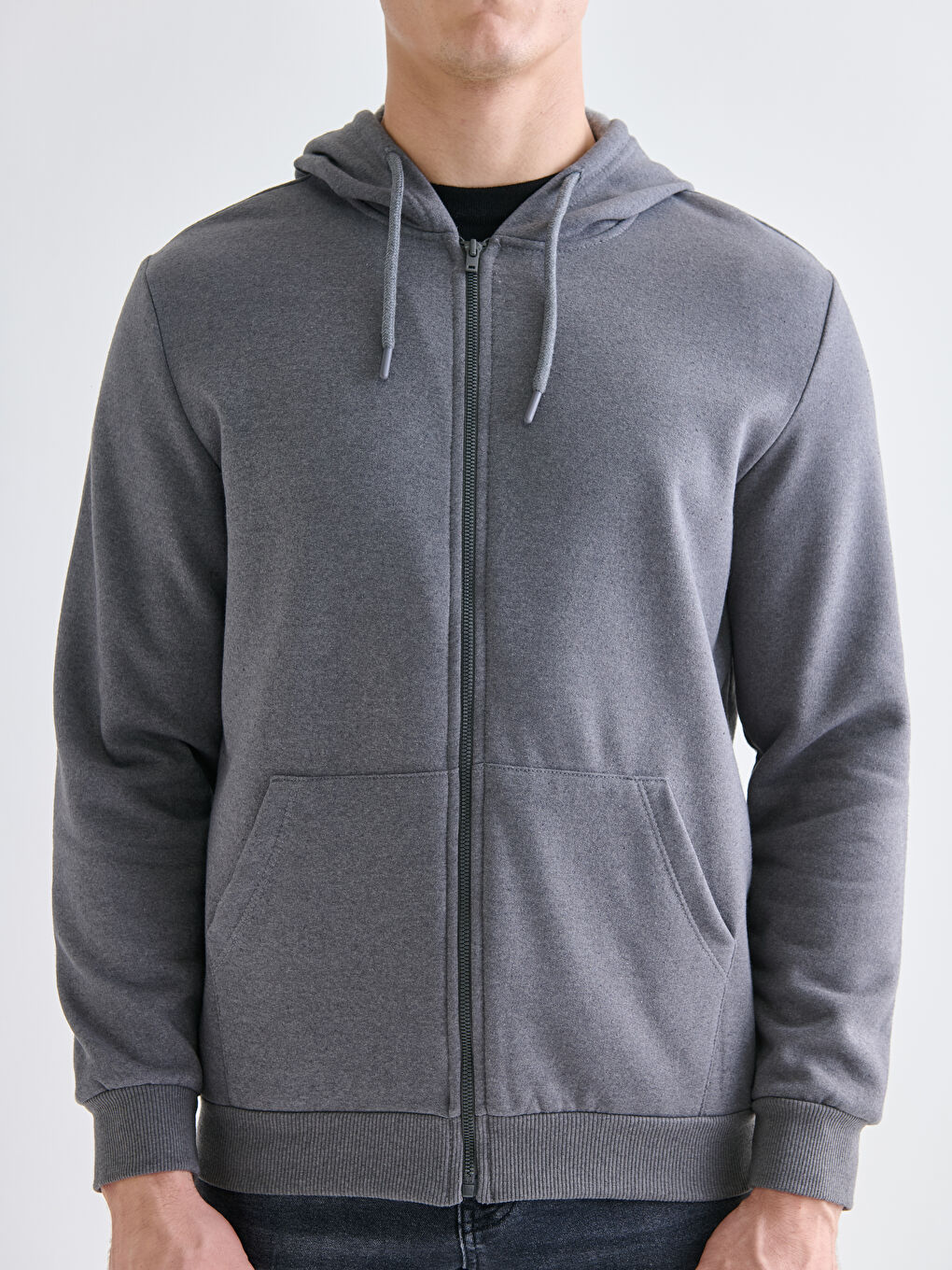 Antrasit Kapüşonlu Uzun Kollu Erkek Fermuarlı Sweatshirt-2