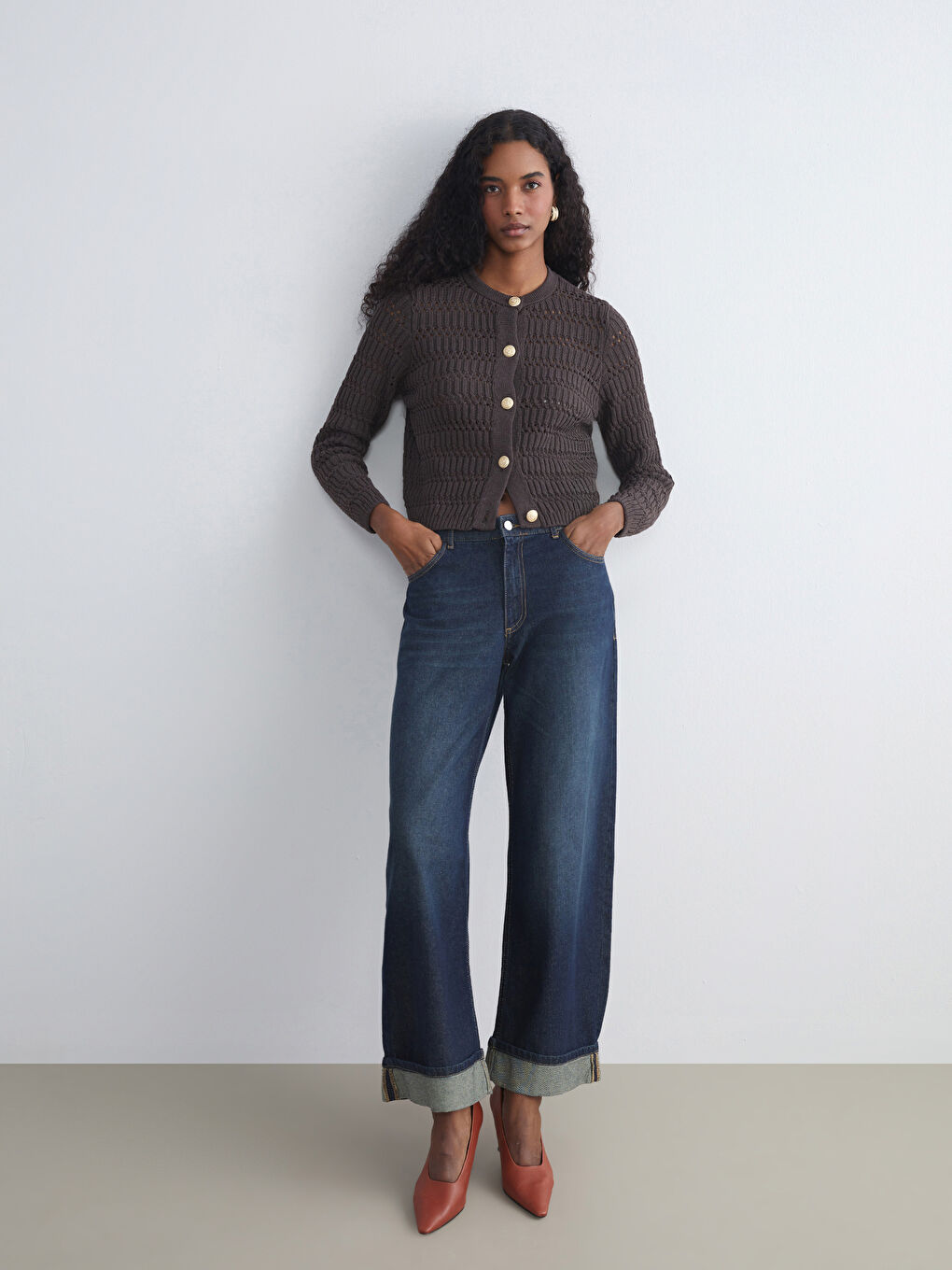 Kahverengi Bisiklet Yaka Ajurlu Kadın Triko Hırka-1