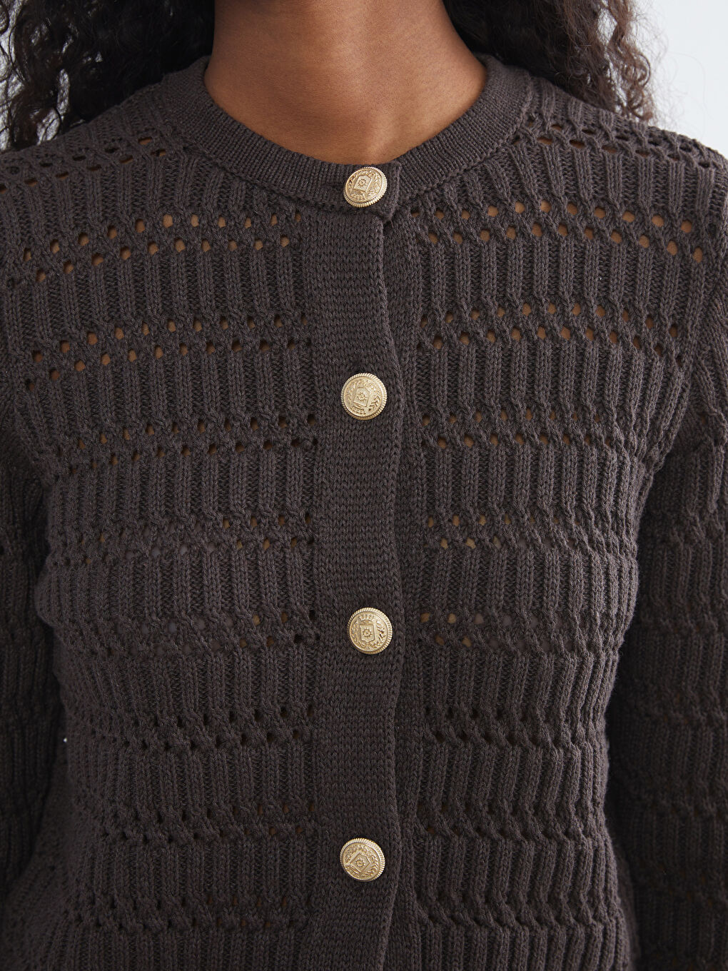 Kahverengi Bisiklet Yaka Ajurlu Kadın Triko Hırka-2