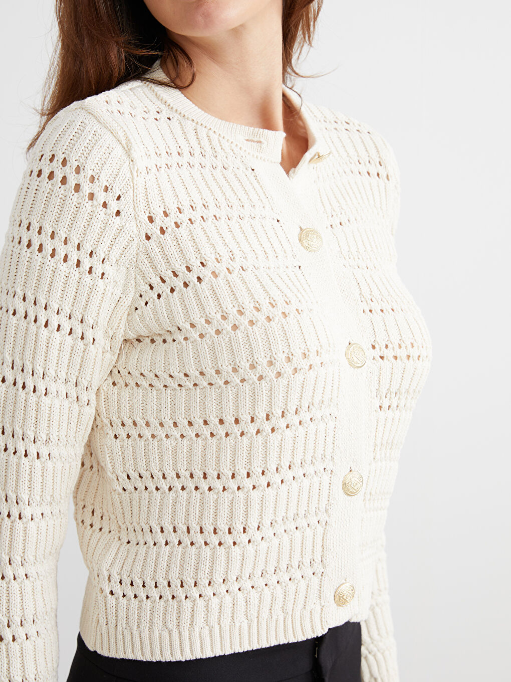 Bej Bisiklet Yaka Ajurlu Kadın Triko Hırka-2