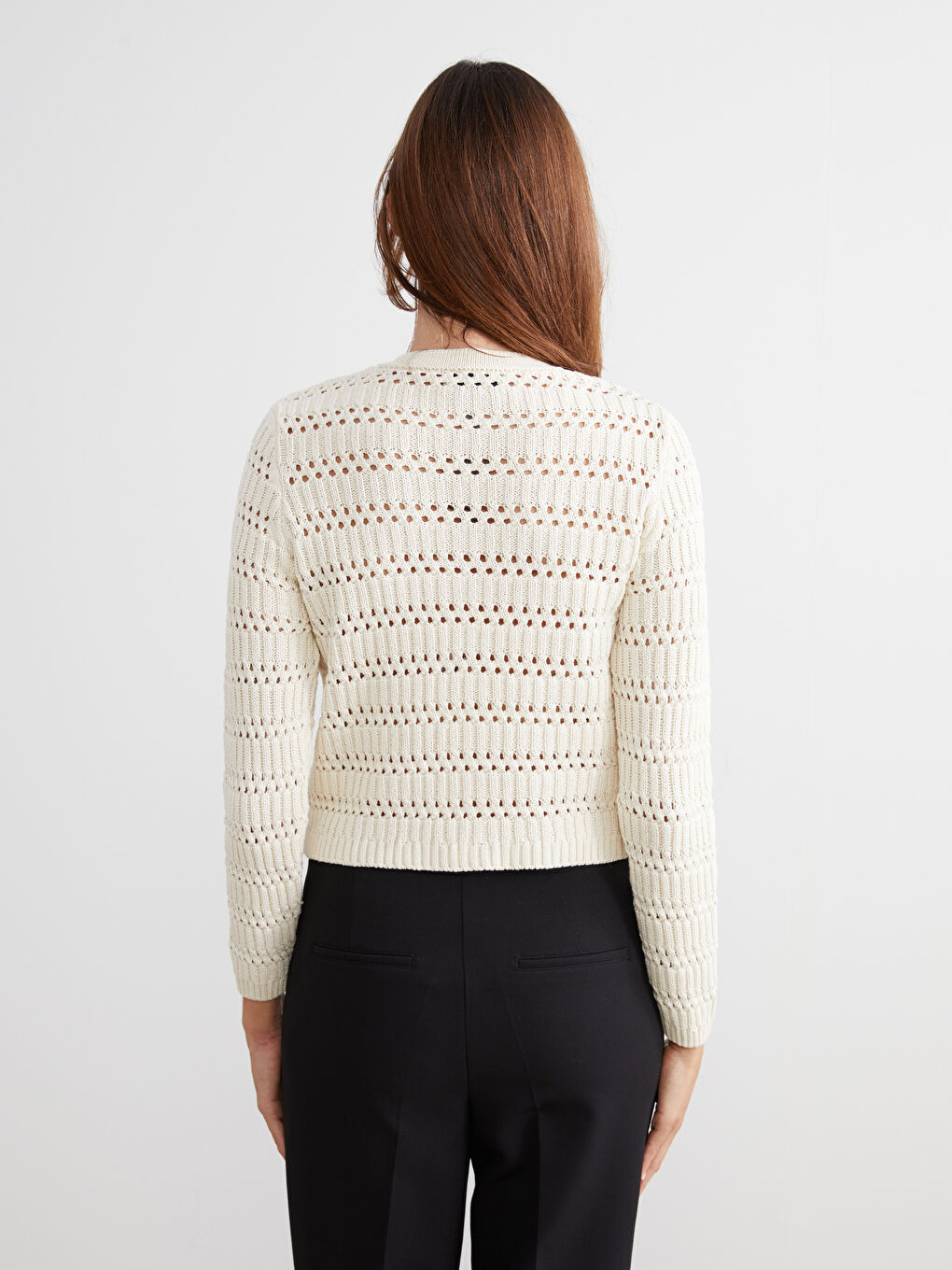 Bej Bisiklet Yaka Ajurlu Kadın Triko Hırka-3