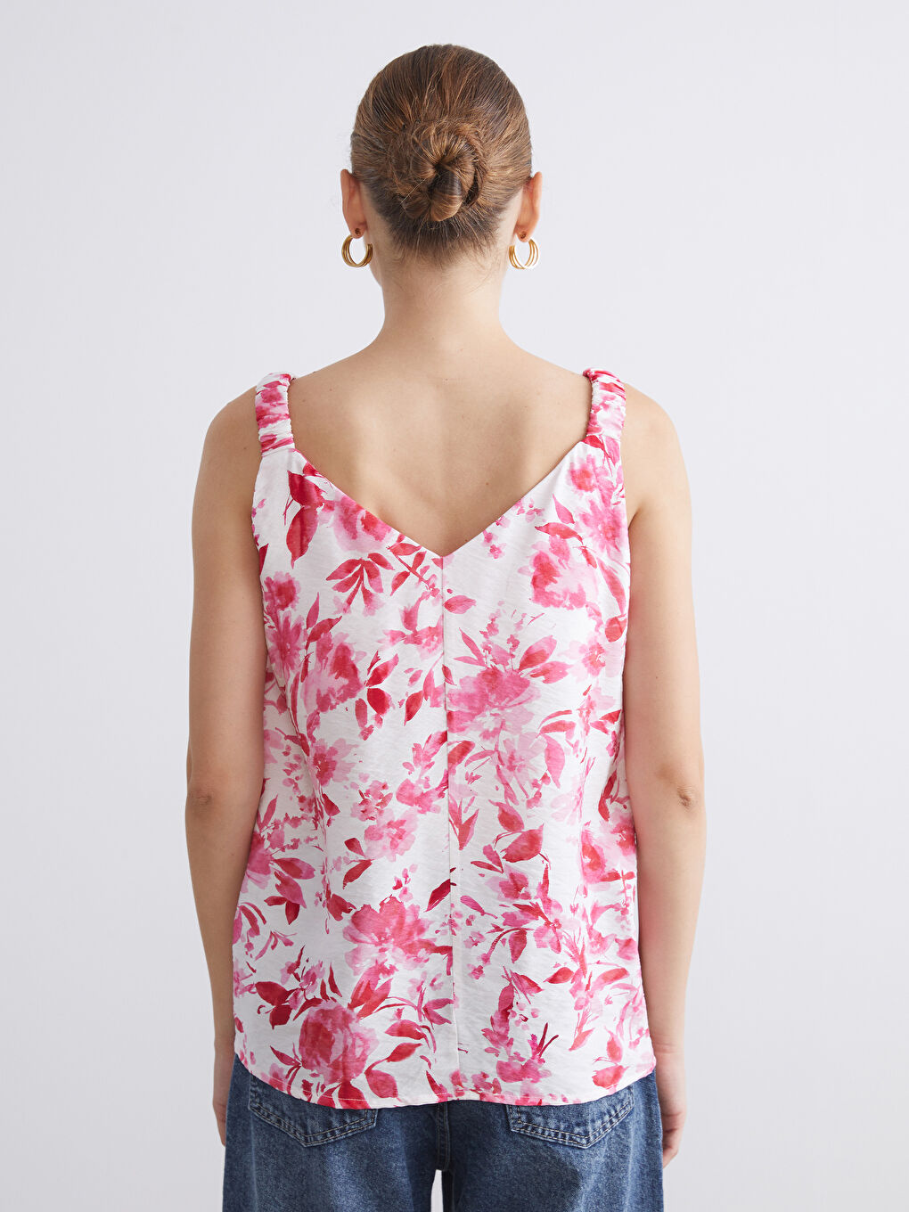 Pembe V Yaka Çiçekli Bluz-4