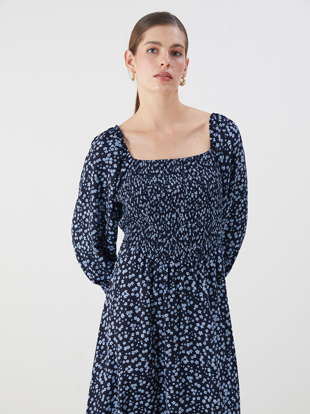 Square Neck Floral Balloon Sleeve Dress-1