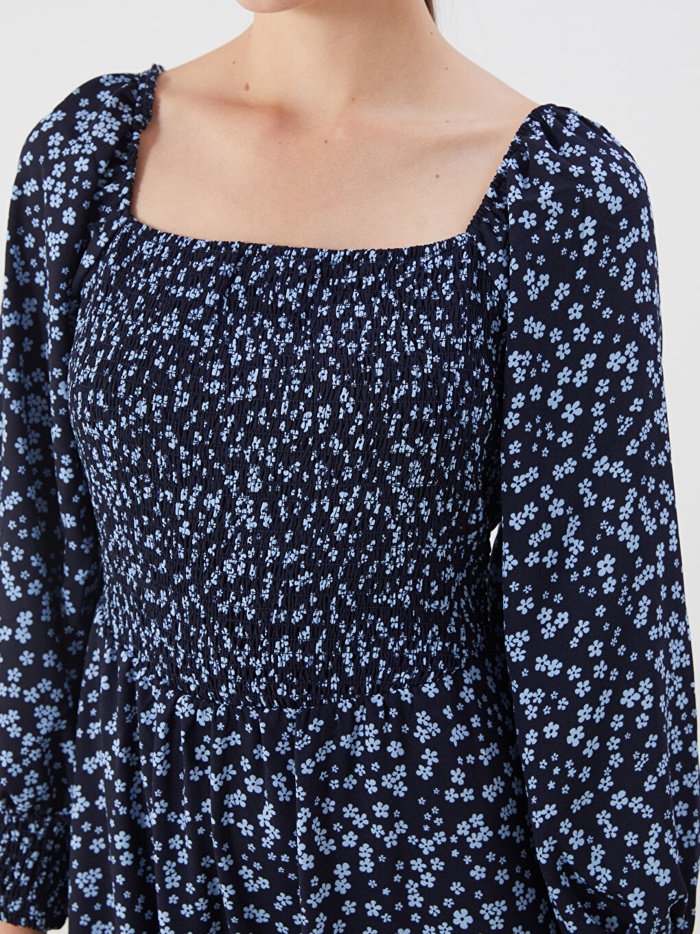 Square Neck Floral Balloon Sleeve Dress-2